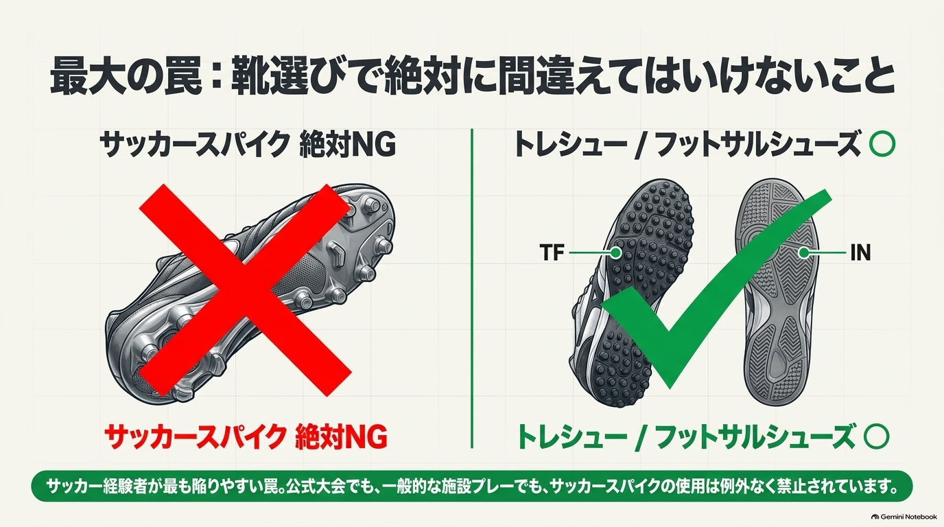 サッカースパイクは不可、トレーニングシューズやフットサルシューズは可という靴の比較図