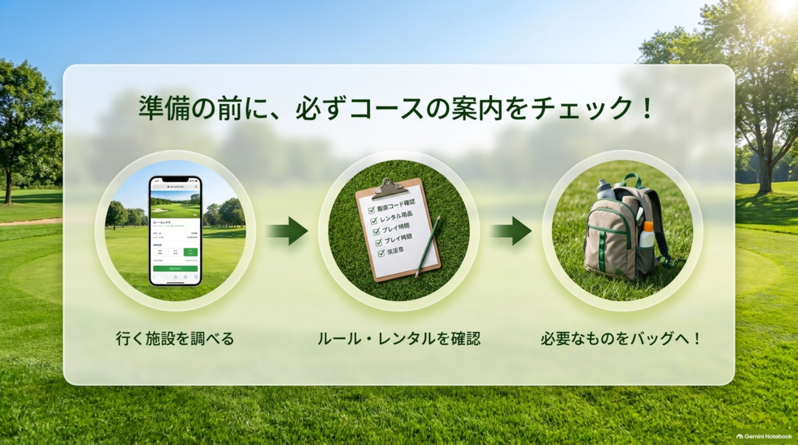 行く施設を調べる、ルール・レンタルを確認する、必要なものをバッグへ入れる、という準備の3ステップ図解