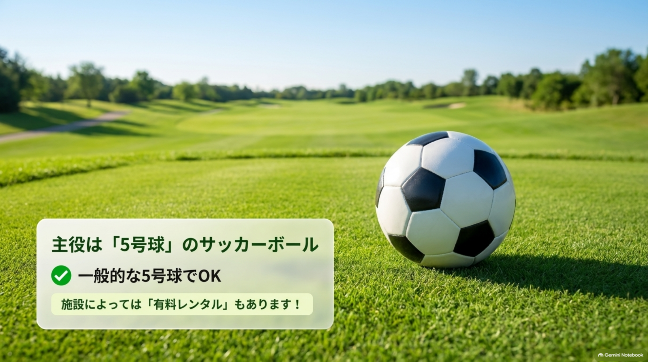 フットゴルフの主役は5号球のサッカーボール。一般的な5号球でよく、施設によっては有料レンタルもあると示した図解