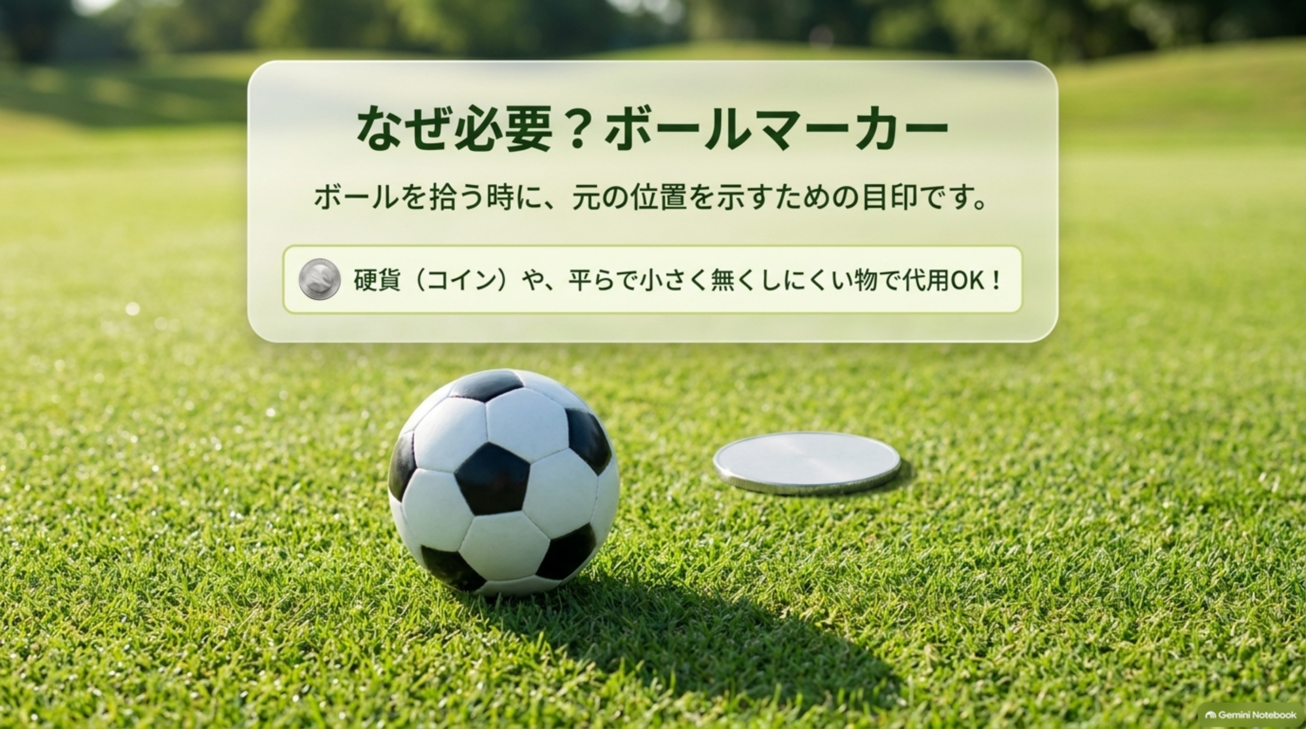 ボールマーカーはボールを拾うときに元の位置を示す目印。硬貨や平らで小さな物でも代用できると示した図解