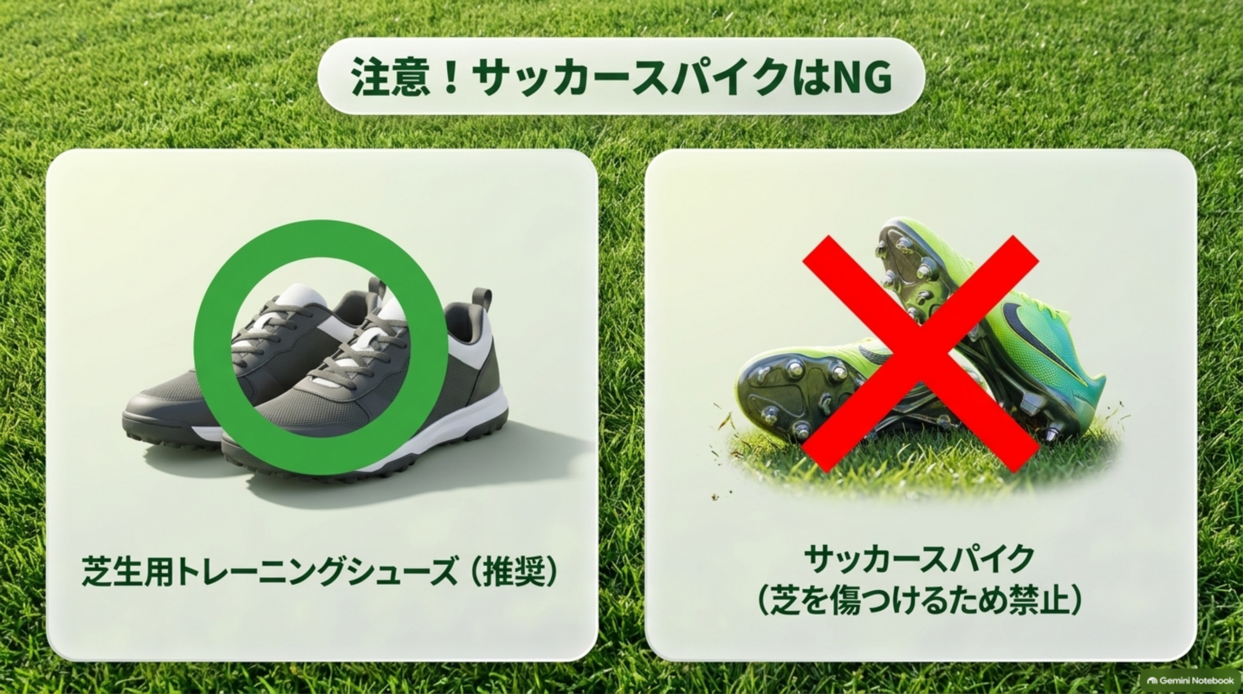 芝生用トレーニングシューズは推奨、サッカースパイクは芝を傷つけるため禁止という比較図