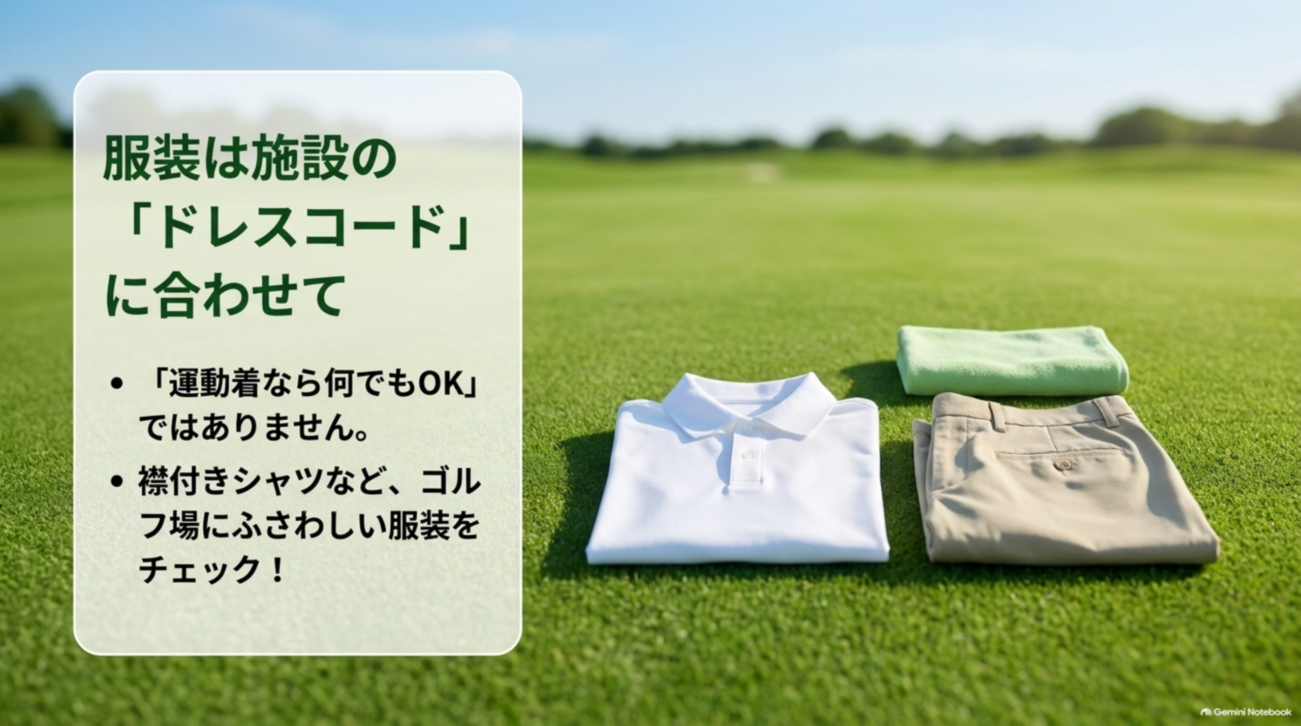 芝生の上に置かれた襟付きシャツとパンツ。服装は施設のドレスコードに合わせる必要があると示した図解