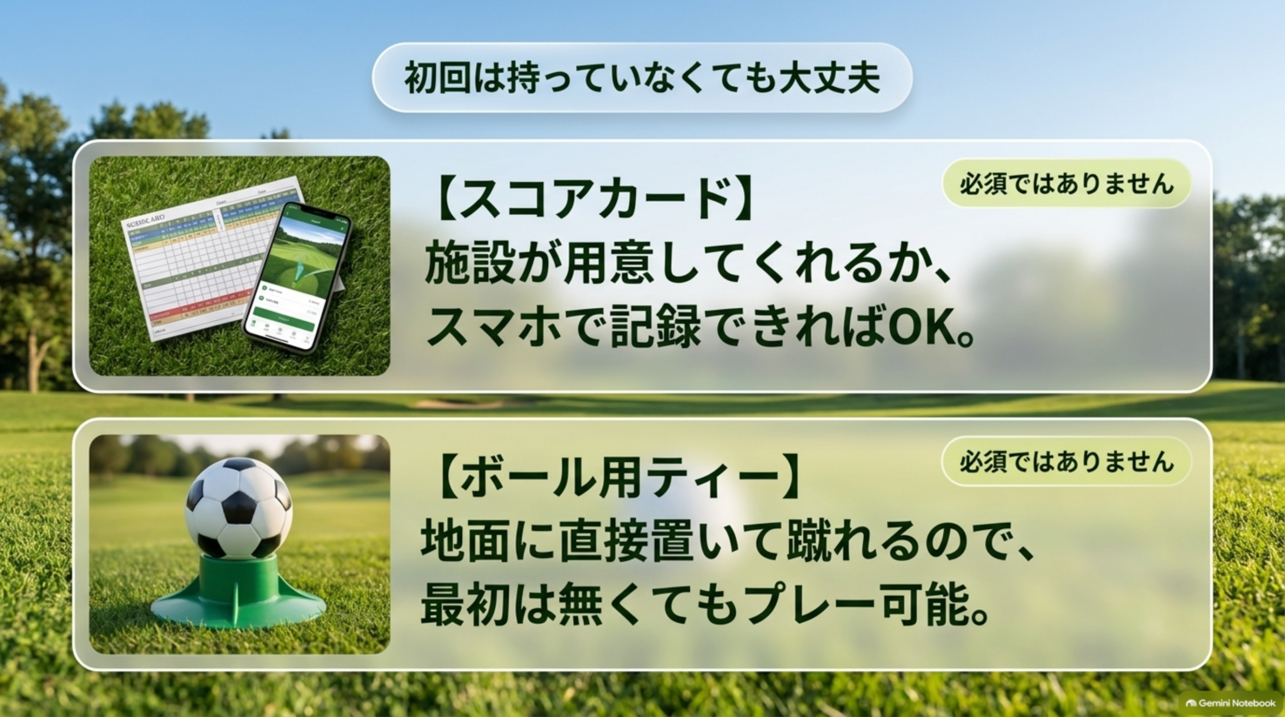 スコアカードとボール用ティーはどちらも初回は必須ではないことを示した図解