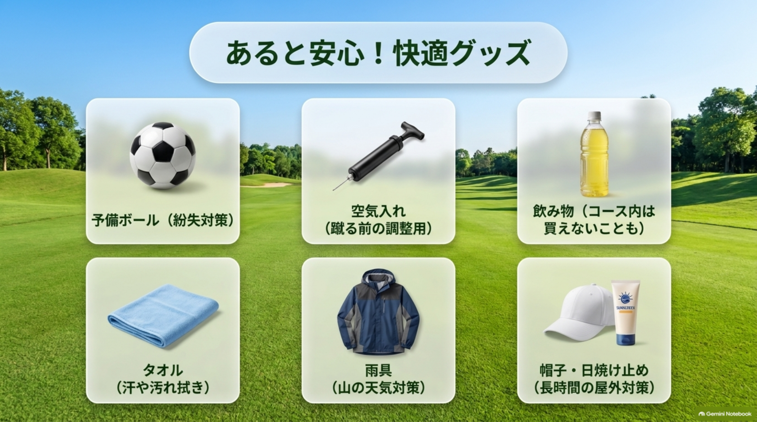 予備ボール、空気入れ、飲み物、タオル、雨具、帽子・日焼け止めという快適グッズ6点の一覧図