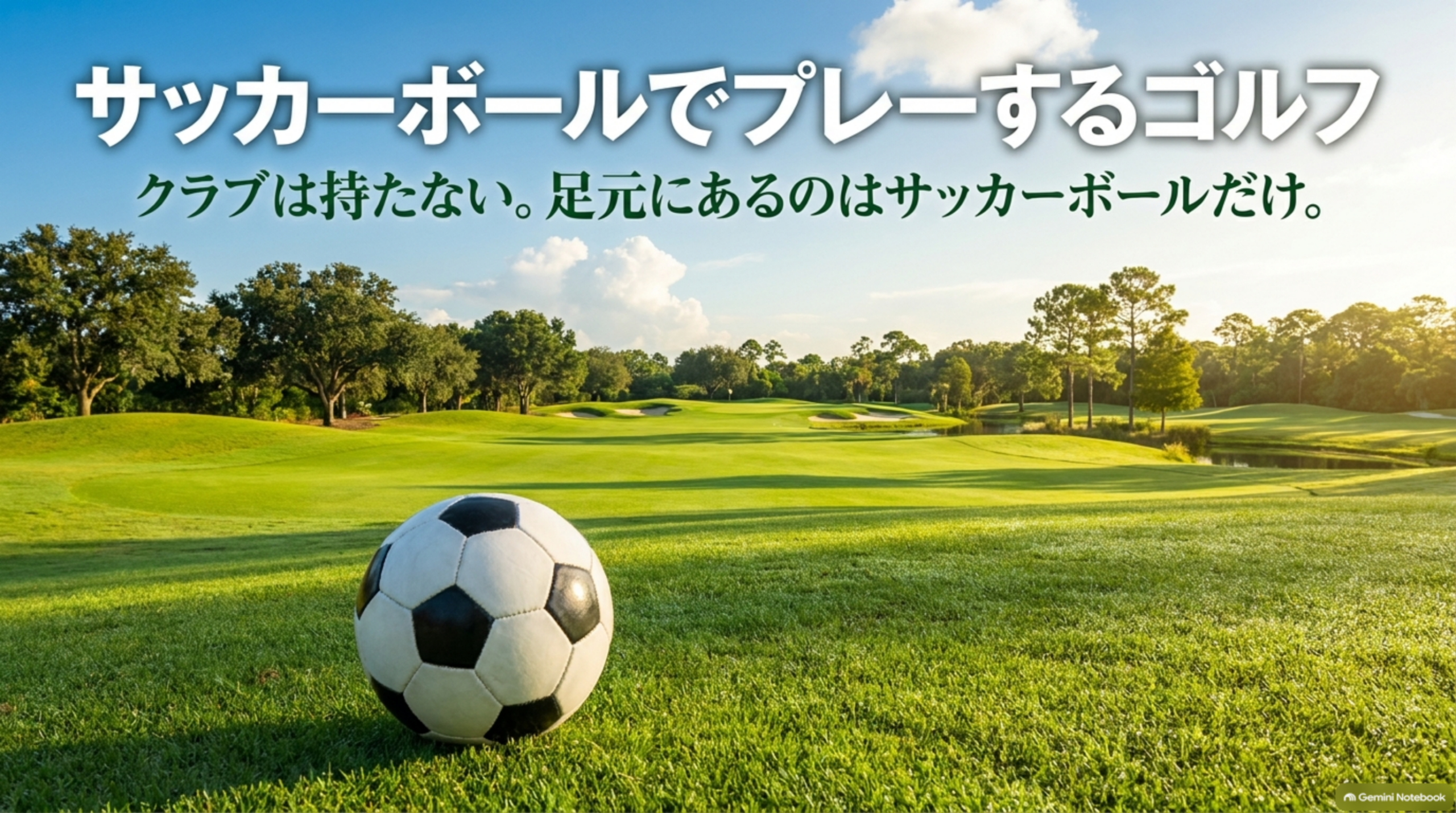 広い芝生のゴルフコースに置かれたサッカーボール。フットゴルフはサッカーボールでプレーするゴルフというコンセプト画像