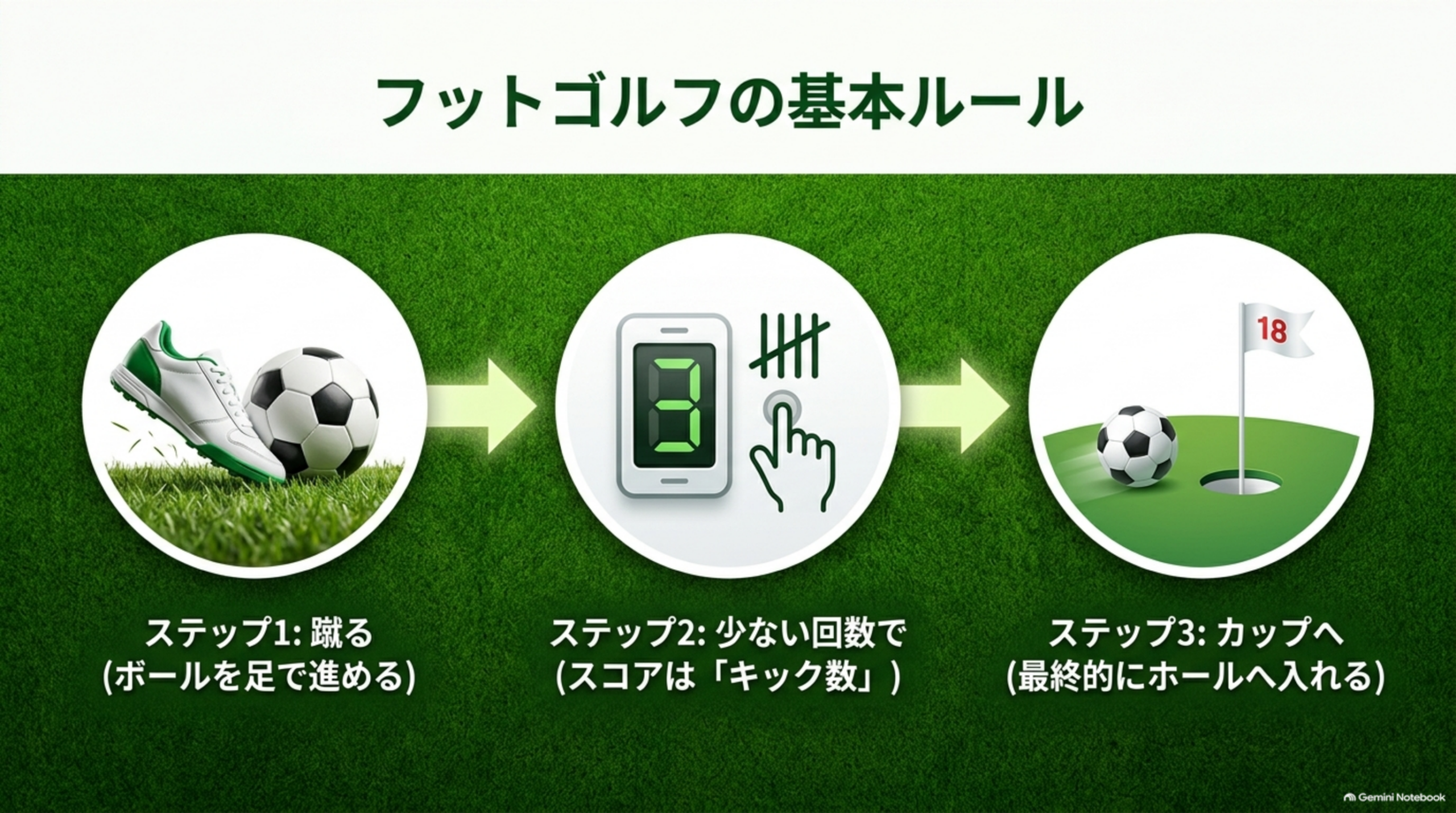 フットゴルフの基本の流れを示す3ステップ図解。ステップ1蹴る、ステップ2少ないキック数で進む、ステップ3カップへ