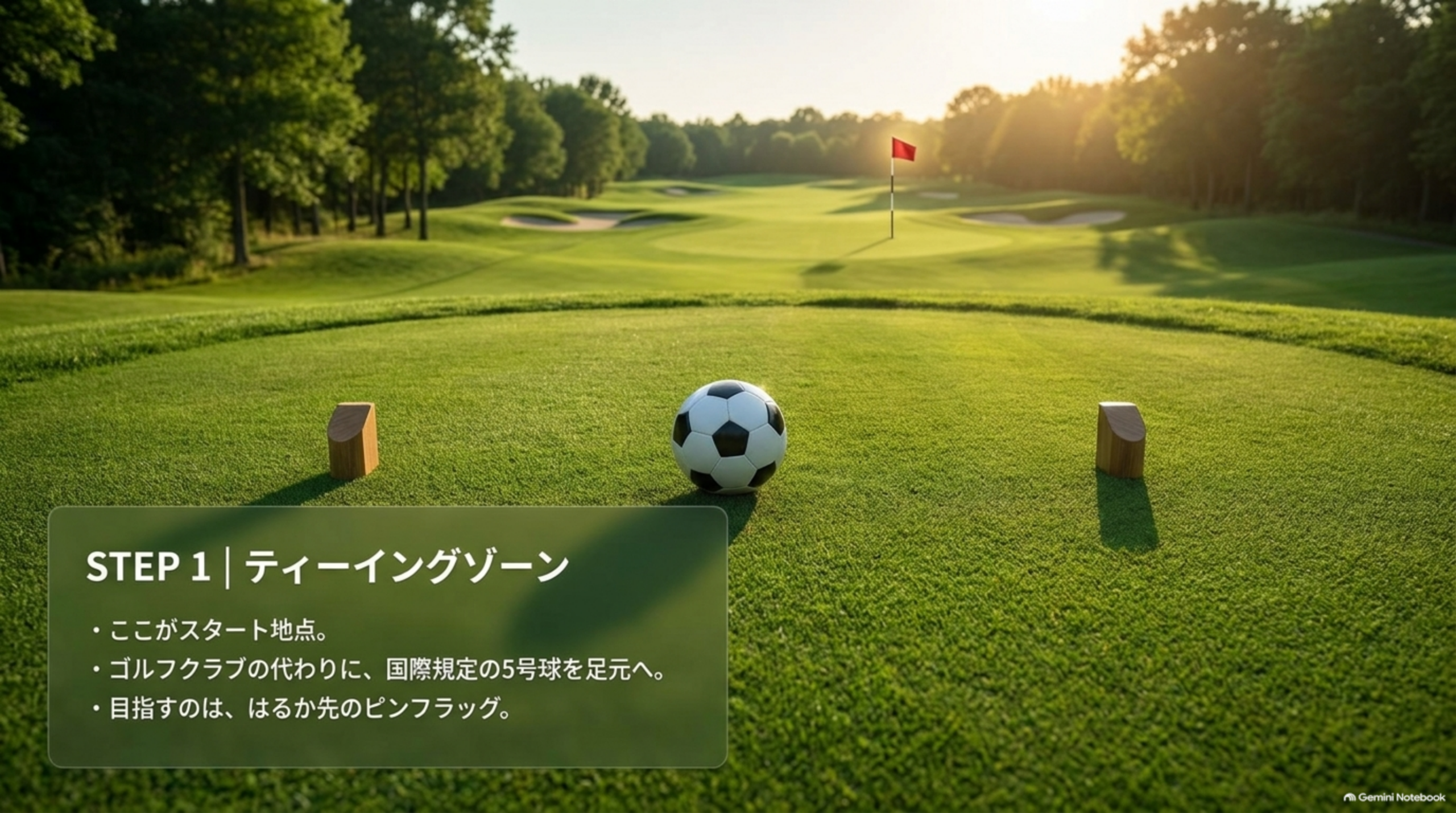 フットゴルフのティーイングゾーンにサッカーボールが置かれ、はるか先にピンフラッグが見える様子