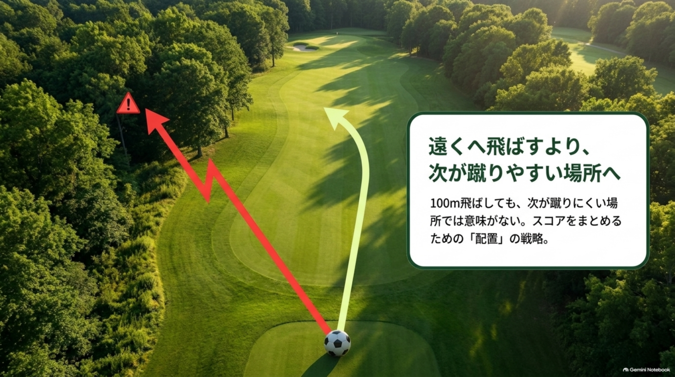 遠くへ飛ばすより次が蹴りやすい場所へ、というフットゴルフの配置戦略を示す図解