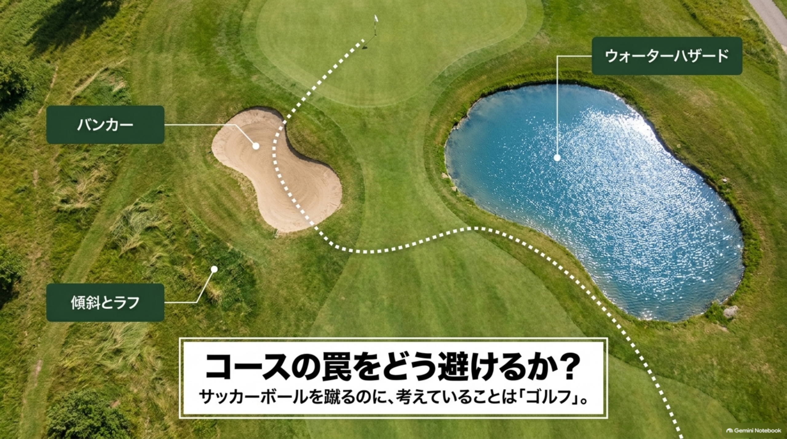 コース上のウォーターハザード、バンカー、傾斜とラフの位置を示す航空写真の図解