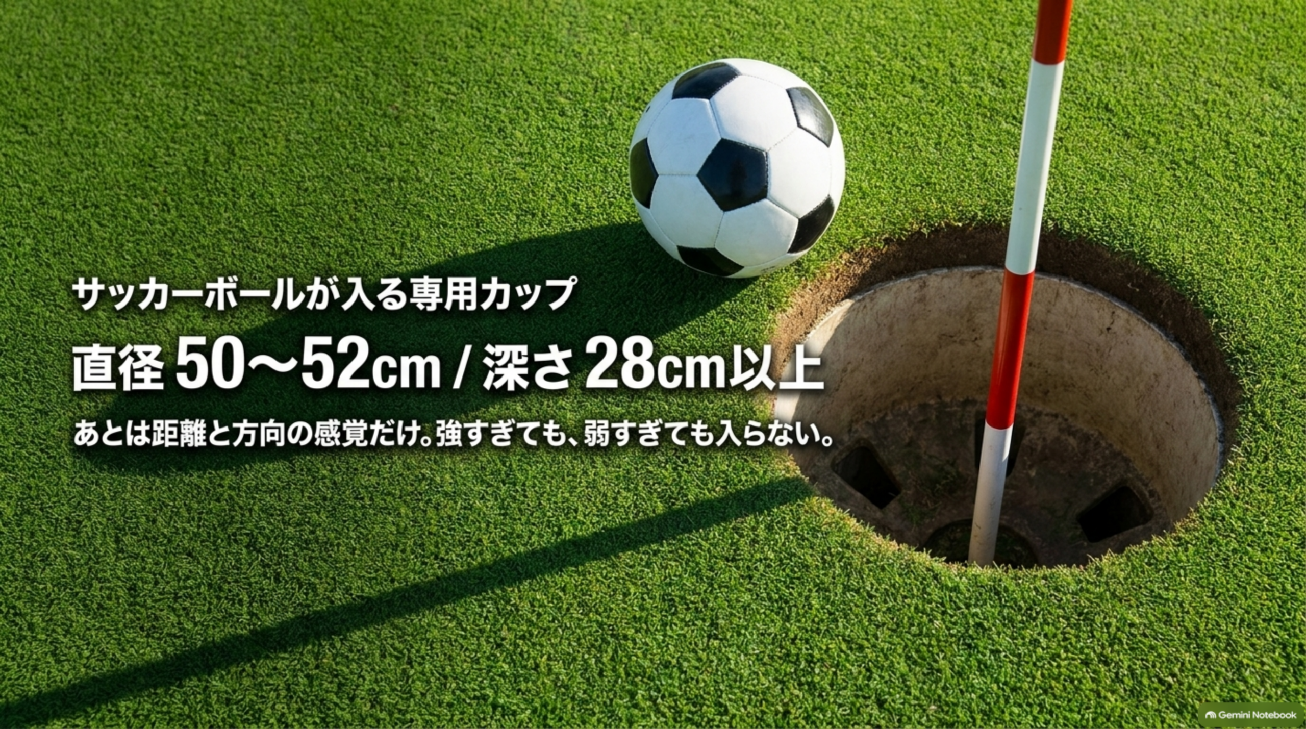 サッカーボールが入るフットゴルフ専用カップ。直径50〜52cm、深さ28cm以上と表示された図解