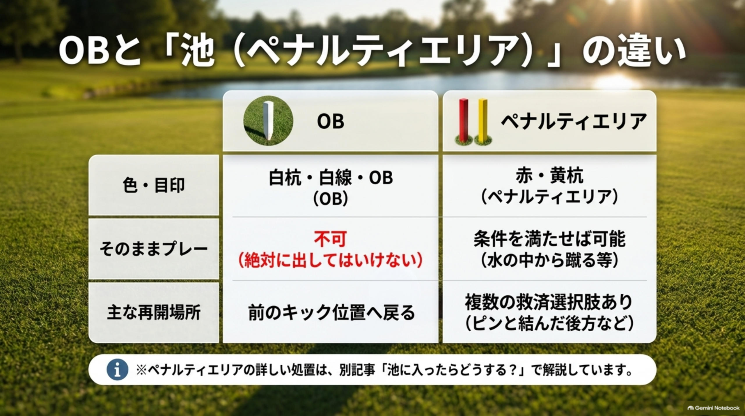 OBとペナルティエリア（池）の違いの比較表：目印、そのままプレーできるか、主な再開場所
