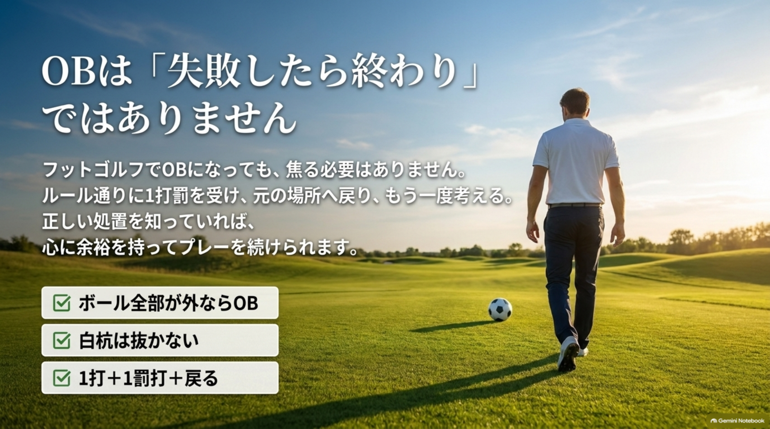 OBは失敗したら終わりではない。ボール全部が外ならOB、白杭は抜かない、1打＋1罰打＋戻る