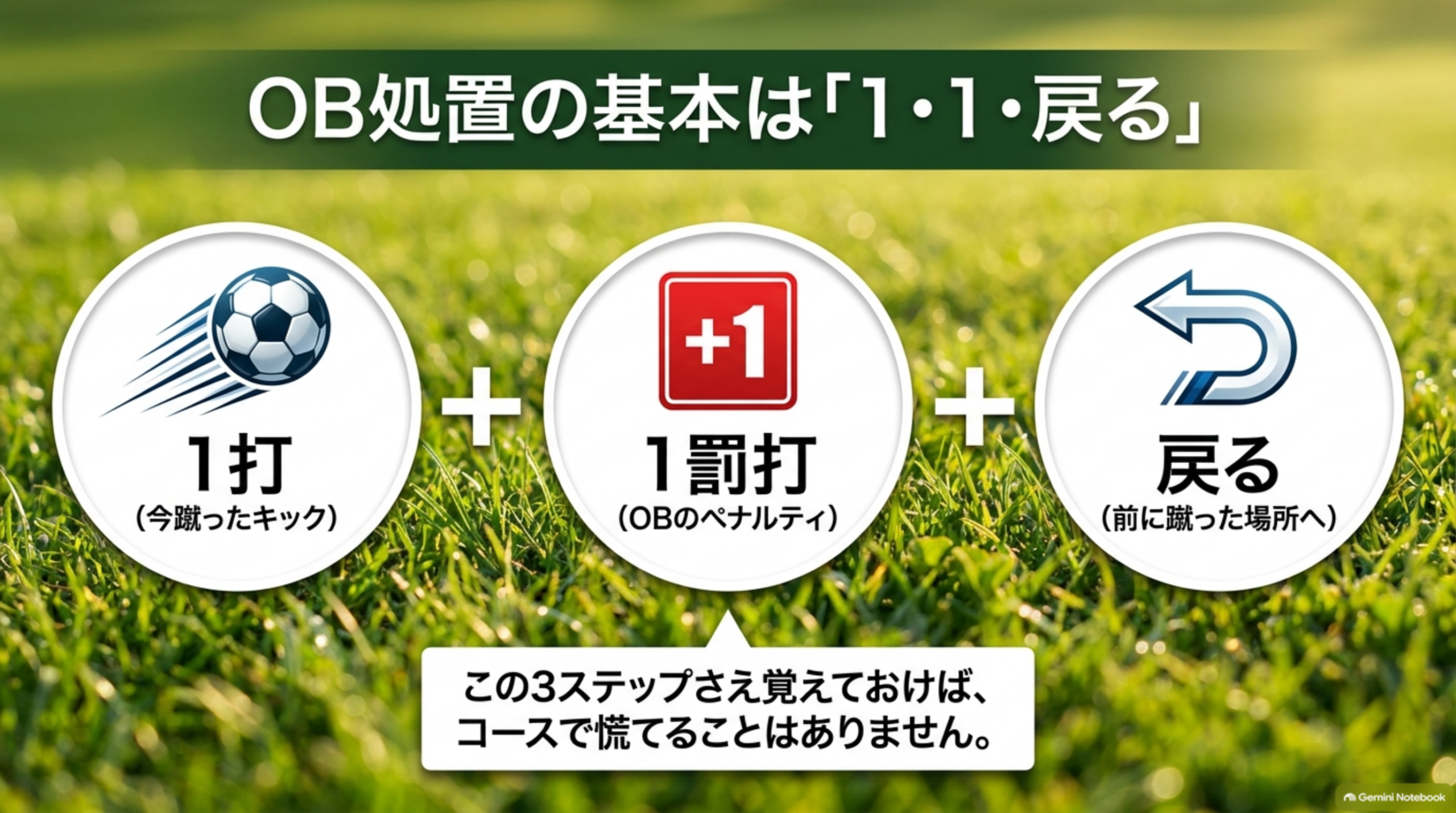 OB処置の基本は「1・1・戻る」：1打（今蹴ったキック）＋1罰打（OBのペナルティ）＋戻る（前に蹴った場所へ）