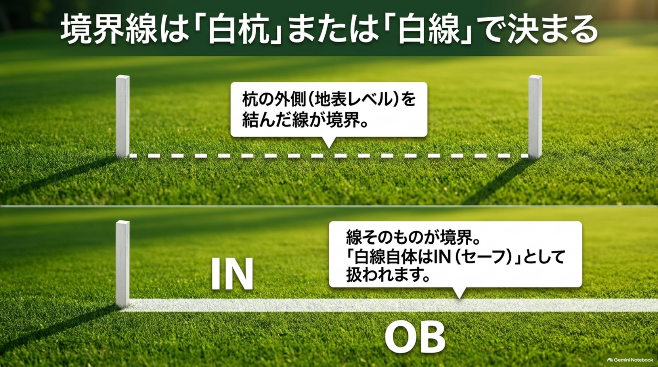 境界線は白杭または白線で決まる。白杭だけなら杭の外側を地表レベルで結んだ線、白線があれば線そのものが境界で、白線自体はIN