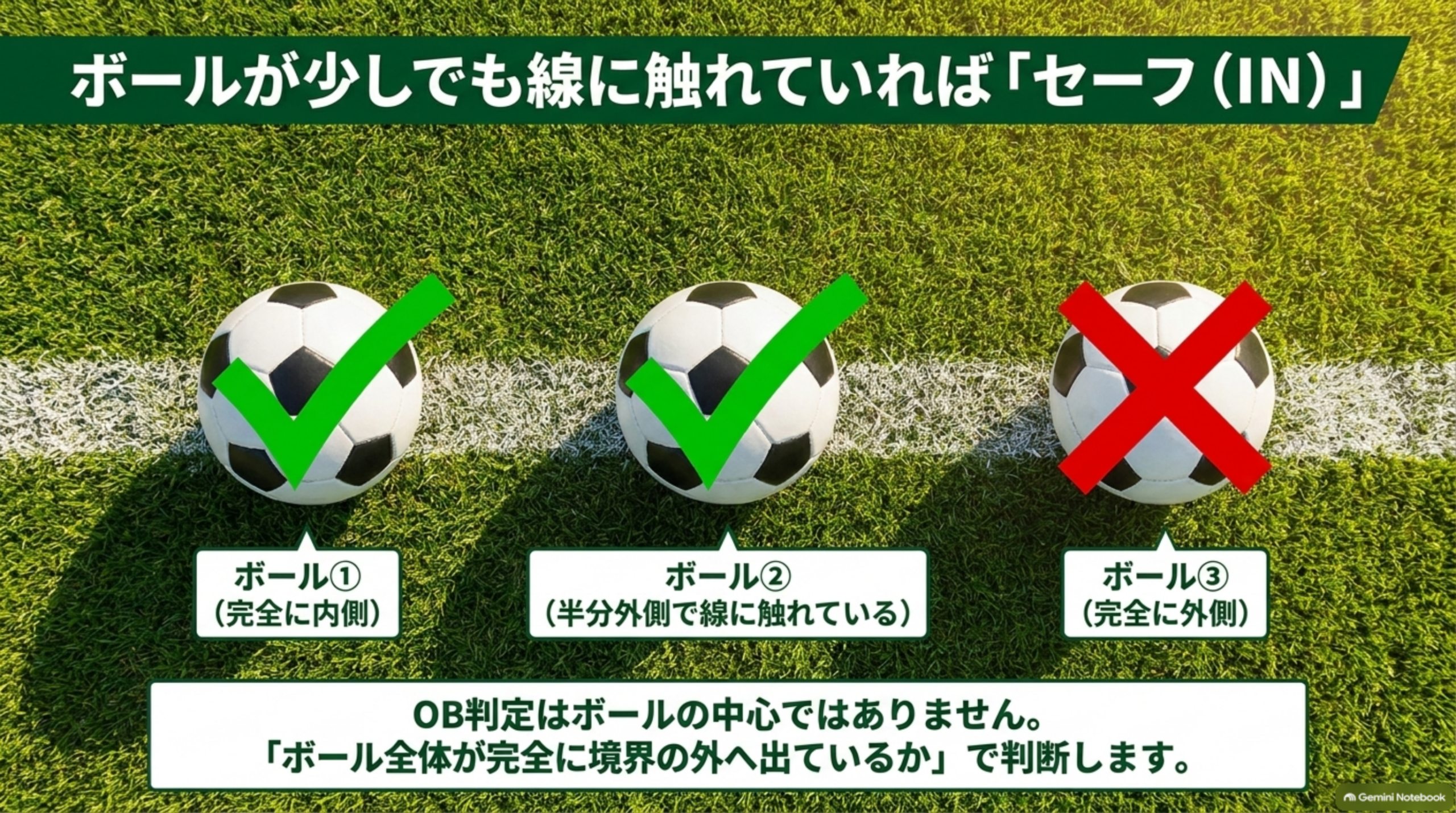 ボールが完全に内側ならIN、半分外側でも線に触れていればIN、完全に外側ならOB