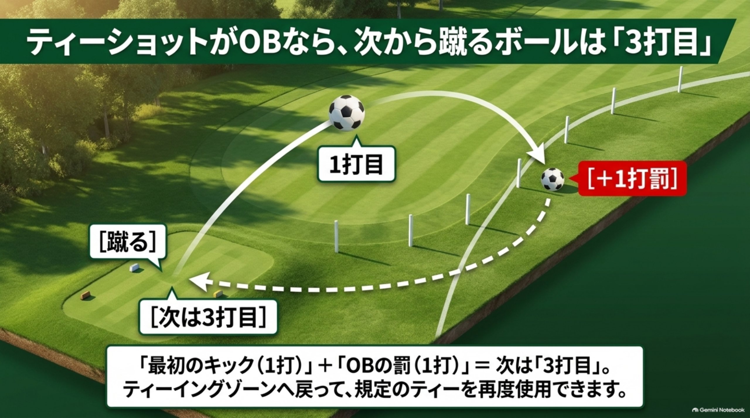 ティーショットがOBなら、最初のキック1打とOBの罰1打で、ティーイングゾーンから次に蹴るボールは3打目