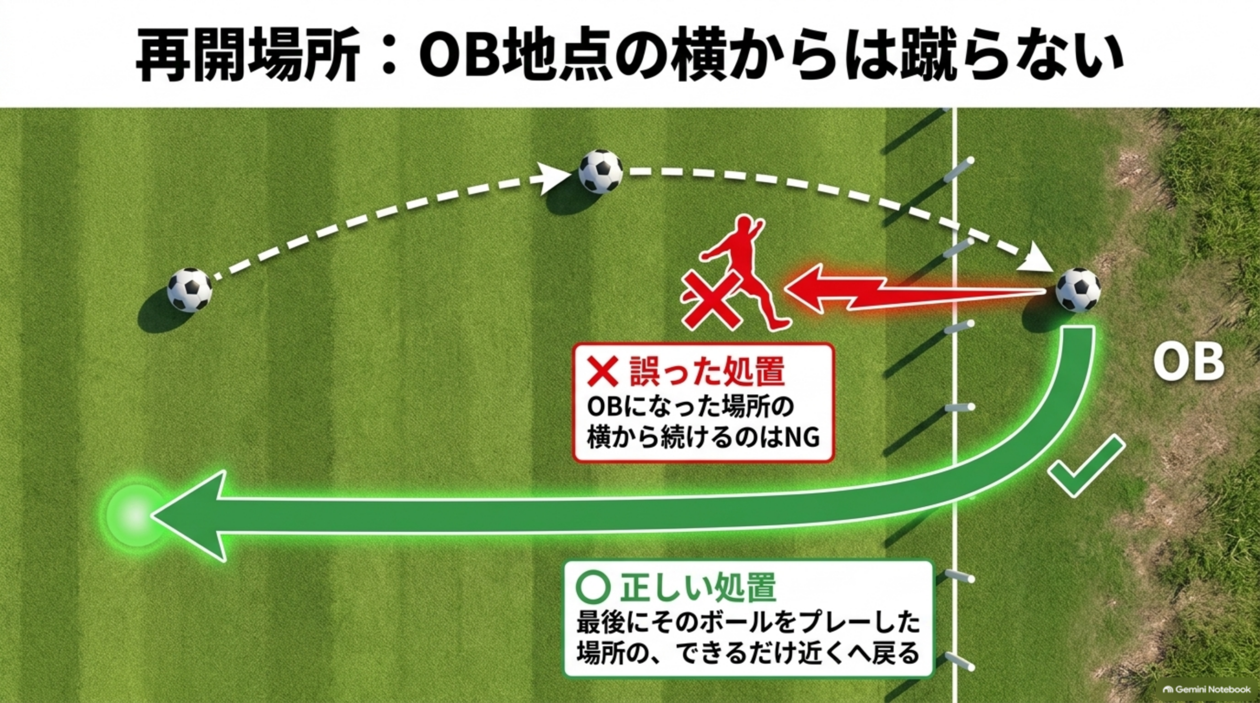 再開場所：OBになった場所の横から続けるのは誤り。最後にそのボールをプレーした場所のできるだけ近くへ戻るのが正しい処置