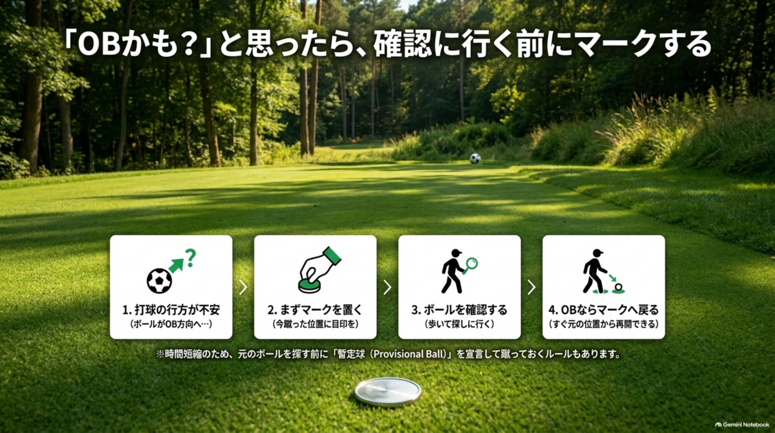 OBかもと思ったら、確認に行く前に今蹴った位置にマークを置き、ボールを確認し、OBならマークへ戻る流れ
