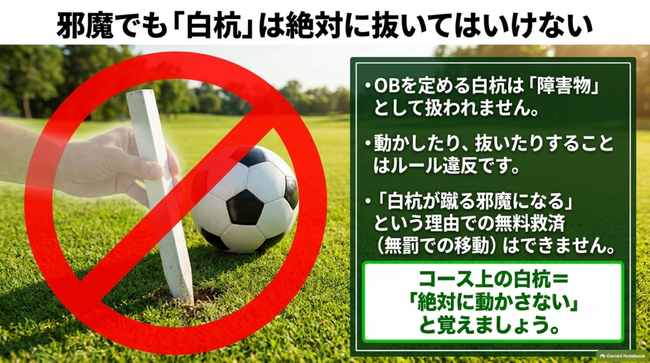 邪魔でも白杭は抜いてはいけない。OBを定める白杭は障害物ではなく、動かしたり抜いたりできず、白杭を理由とする無料救済もない