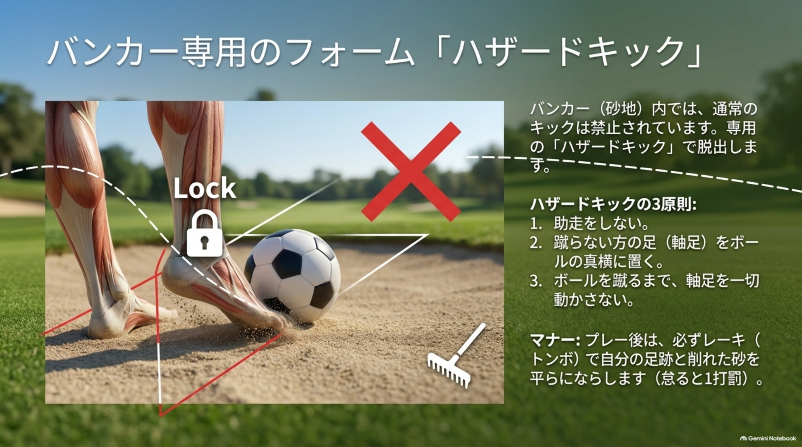 バンカーでのハザードキック：助走をしない、軸足をボールの真横に置く、蹴るまで軸足を動かさない。プレー後はレーキで砂をならす