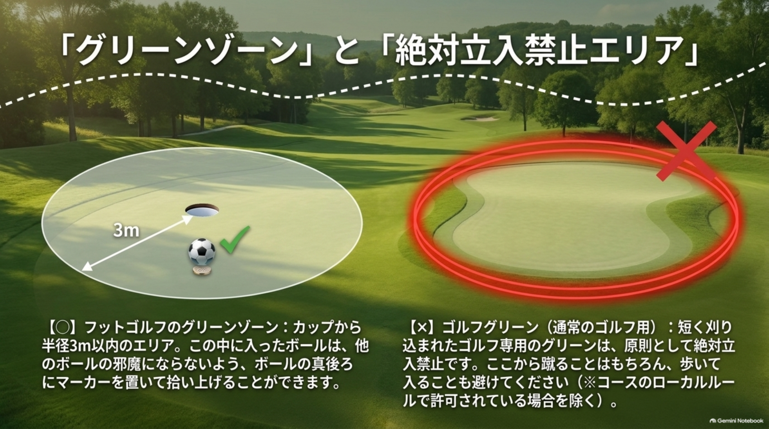 フットゴルフのグリーンゾーン（カップから3m以内でボールをマークして拾える）と、通常のゴルフグリーン（原則プレー禁止、ローカルルールで許可される場合を除く）の違い