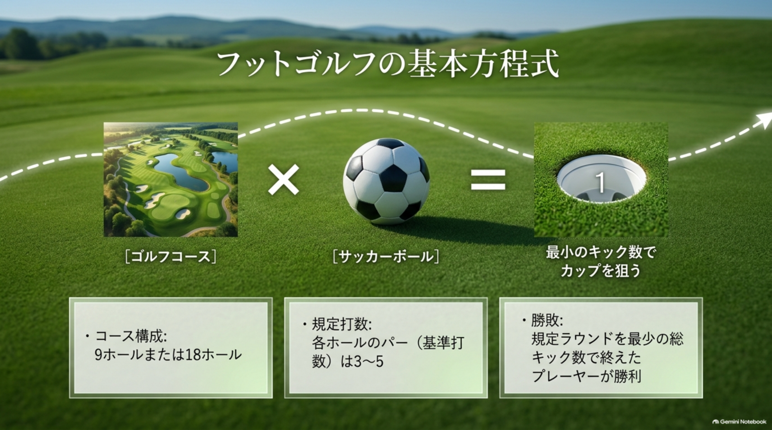 フットゴルフの基本方程式：ゴルフコース×サッカーボール＝最小のキック数でカップを狙う。9または18ホール、パー3〜5、最少総キック数で勝敗