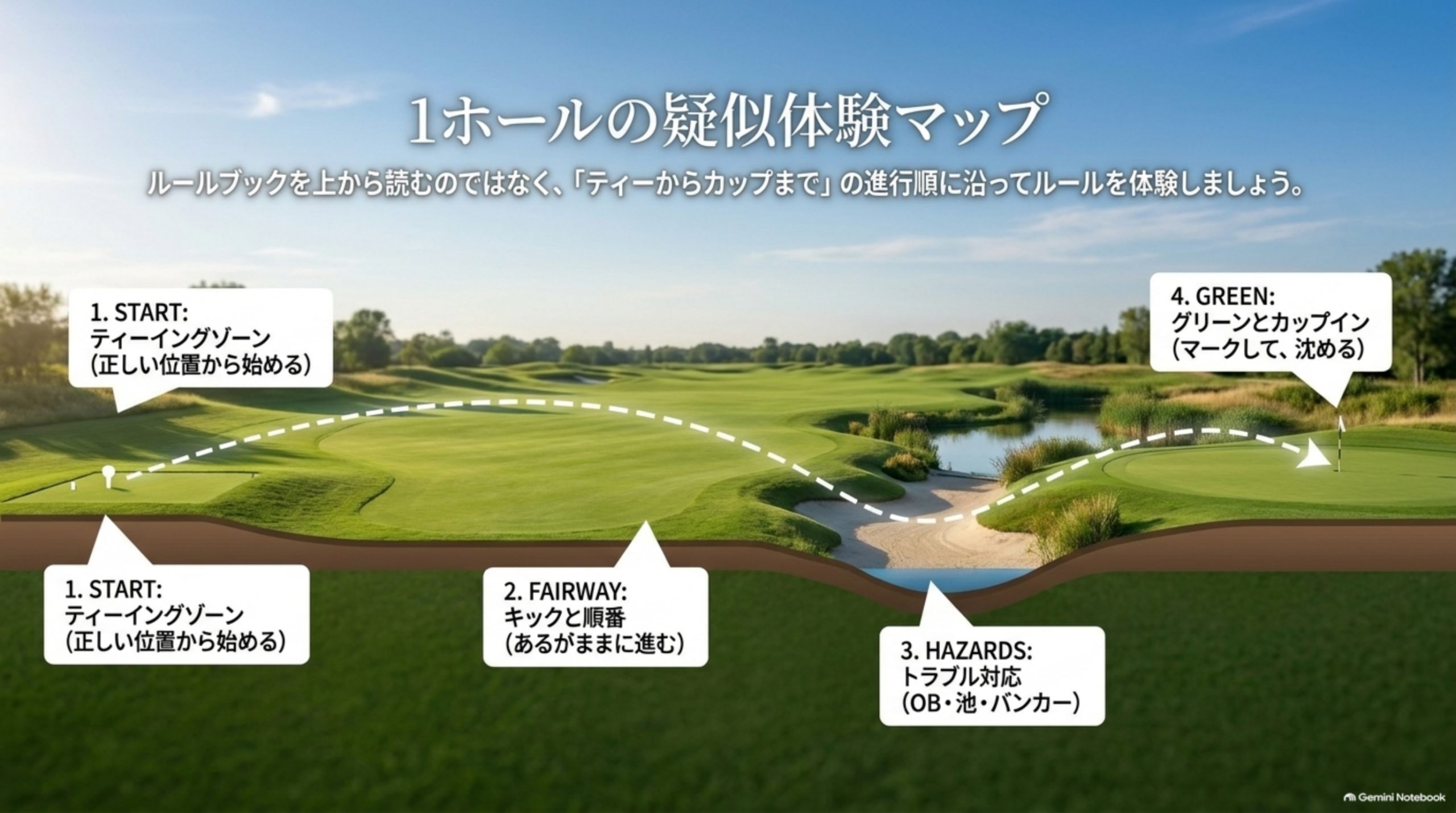 1ホールの疑似体験マップ：START（ティーイングゾーン）、FAIRWAY（キックと順番）、HAZARDS（OB・池・バンカー）、GREEN（グリーンとカップイン）
