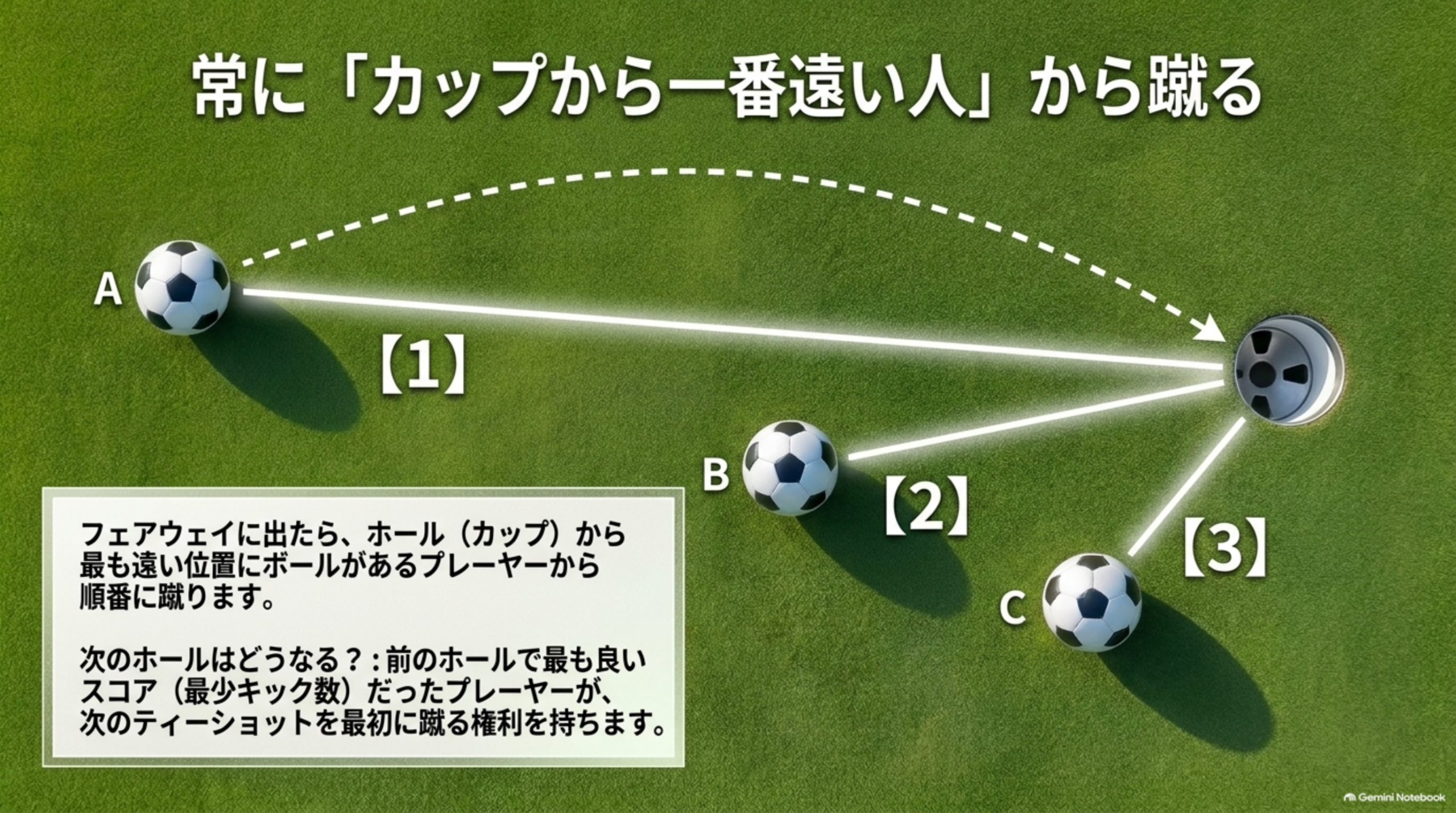 プレー順の図：カップから最も遠いボールAから順に、B、Cの順で蹴る。次のホールは前ホールで最も良いスコアのプレーヤーから
