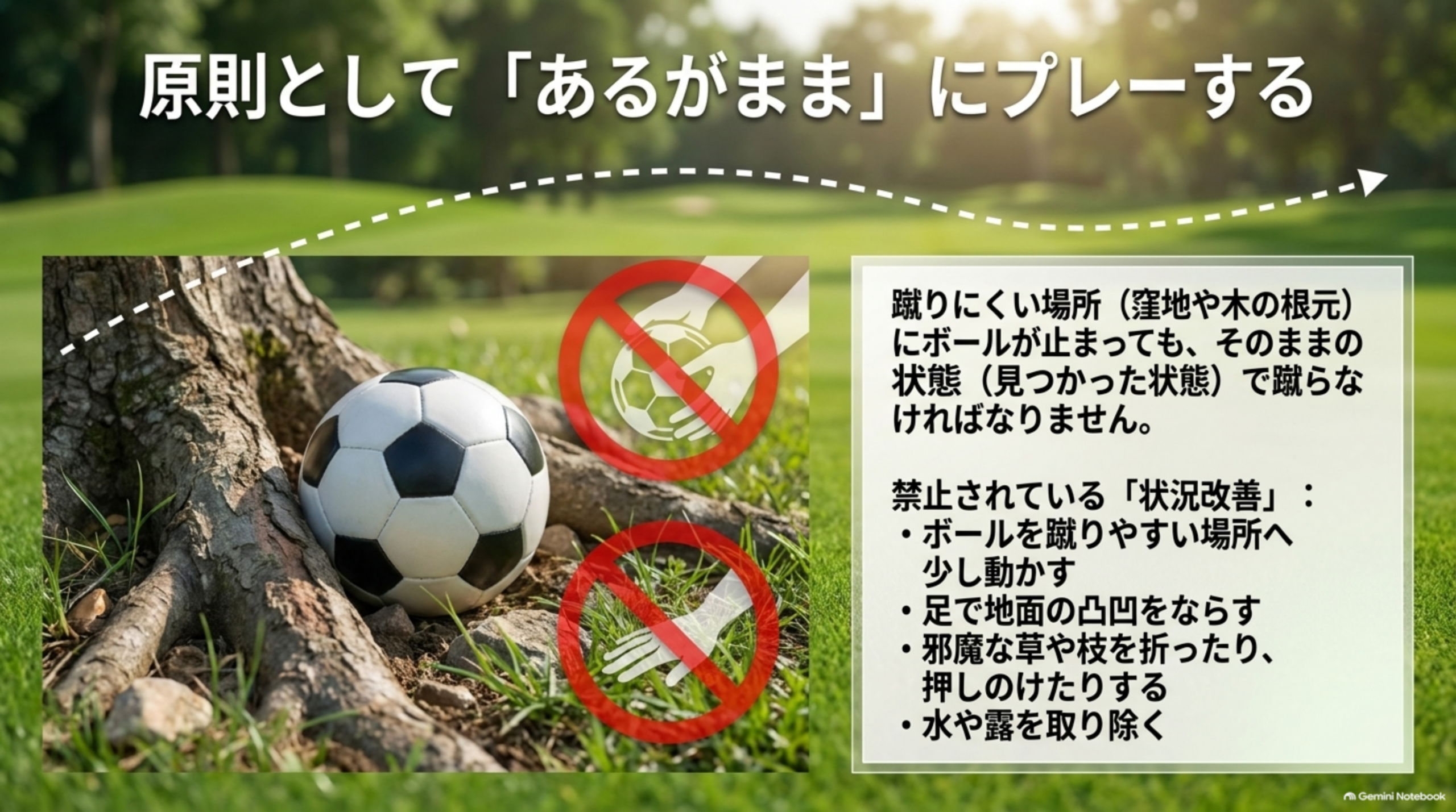 木の根元に止まったボールの例。ボールを動かす、地面をならす、草や枝を押しのけるなどの状況改善は禁止