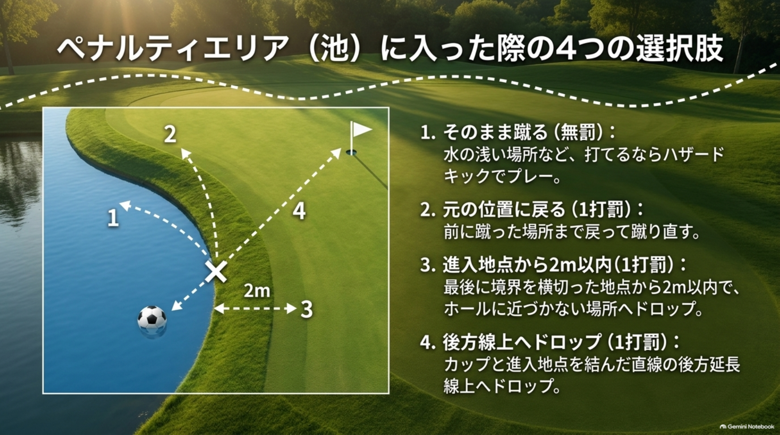 ペナルティエリア（池）に入った際の4つの選択肢の図：そのまま蹴る、元の位置に戻る、進入地点から2m以内、後方線上へドロップ