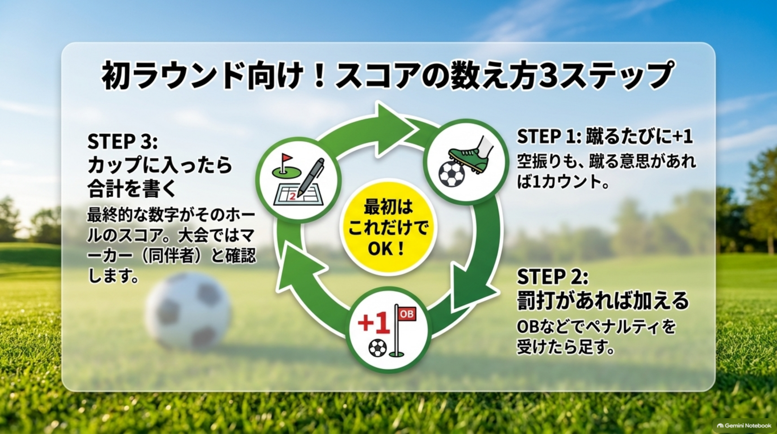 初ラウンド向けスコアの数え方3ステップ：蹴るたびに+1、罰打があれば加える、カップに入ったら合計を書く