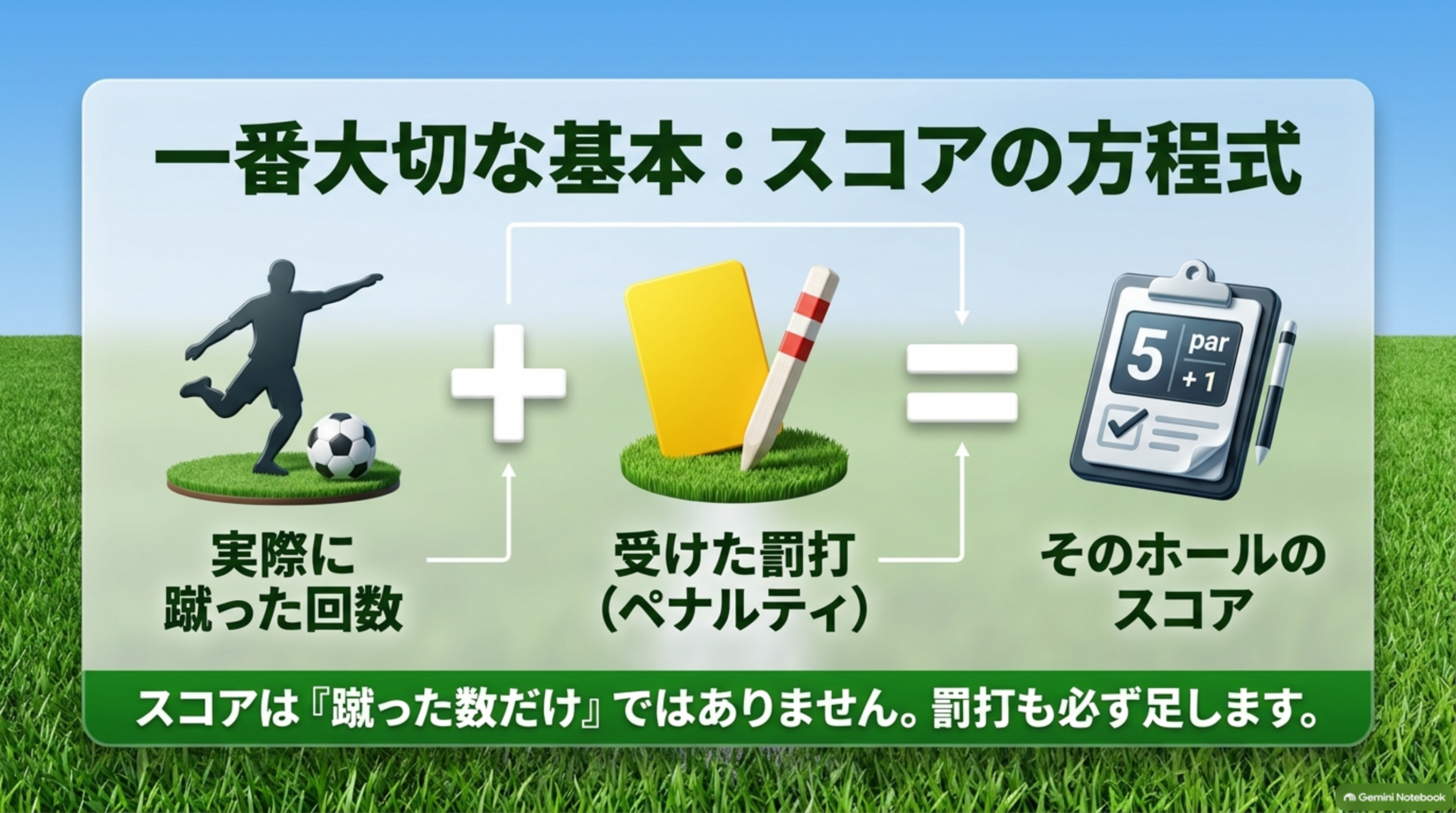 スコアの方程式：実際に蹴った回数＋受けた罰打（ペナルティ）＝そのホールのスコア
