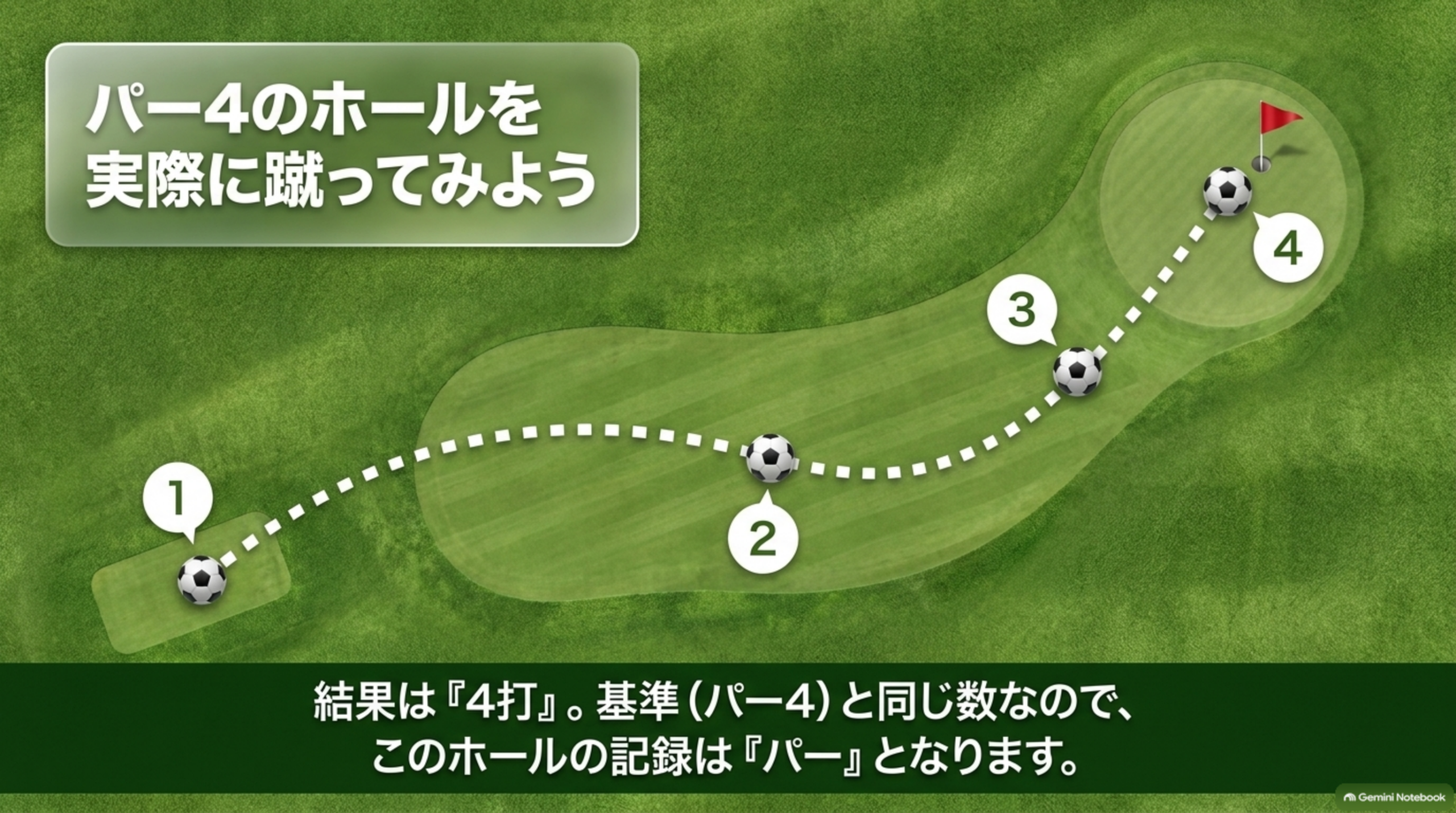 パー4のホールを1打目から4打目でカップインするまでの流れを示すコース図。結果は4打でパー