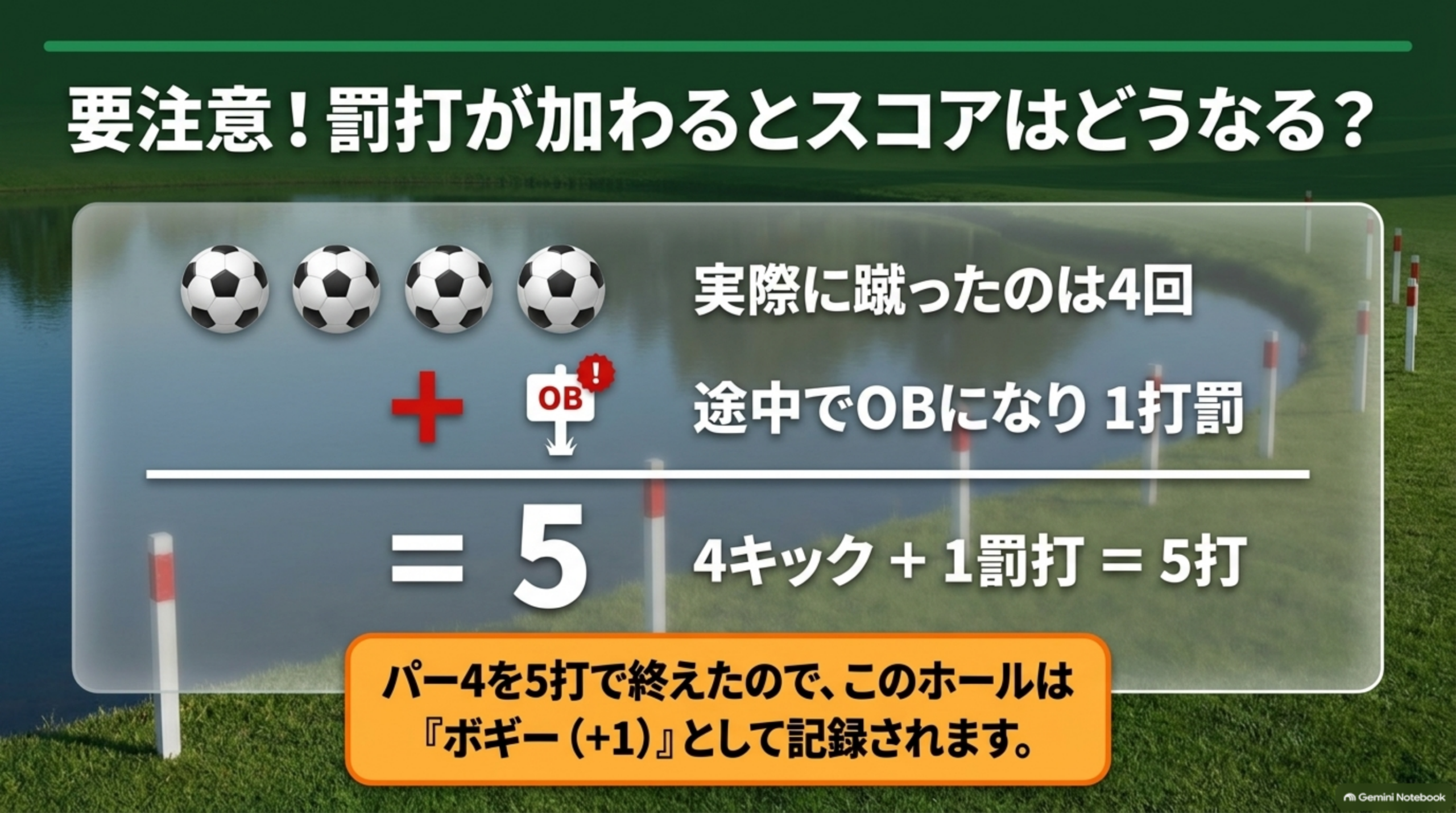 実際に蹴ったのは4回、途中でOBになり1打罰で合計5打。パー4を5打で終えたのでボギー