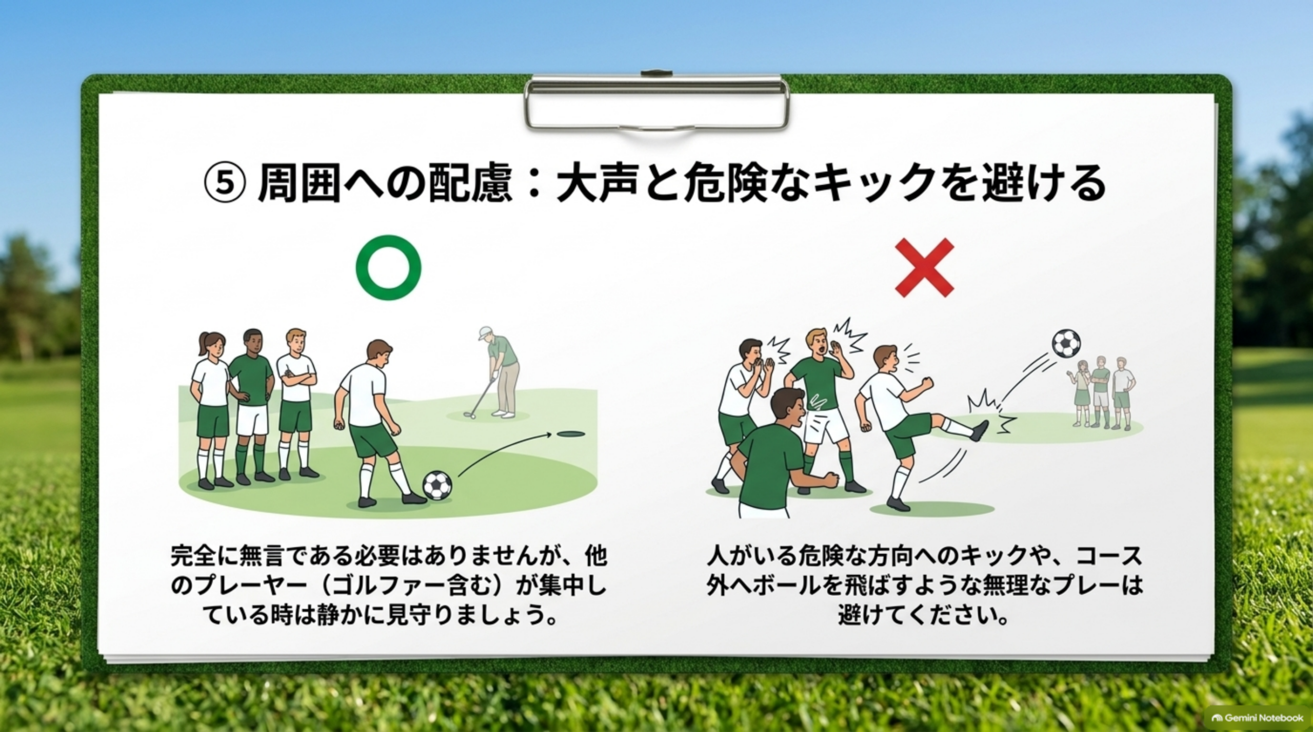 静かに見守る良い例と、大声や人のいる方向への危険なキックという避けたい例を比較した図