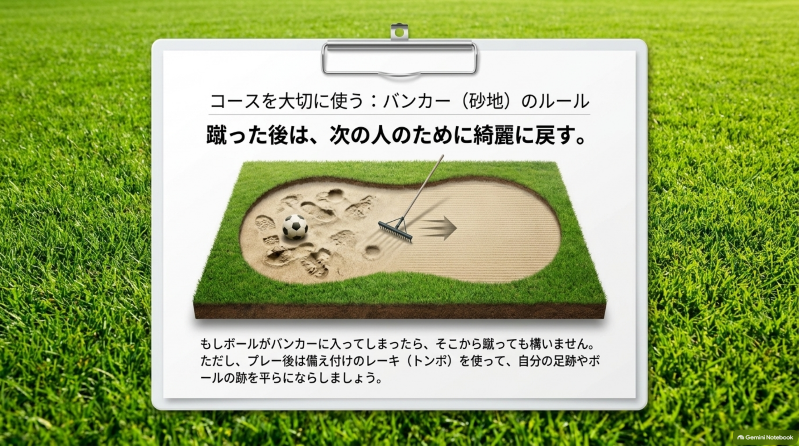 バンカーでプレーした後はレーキで砂をならし、次の人のために整えることを示した図
