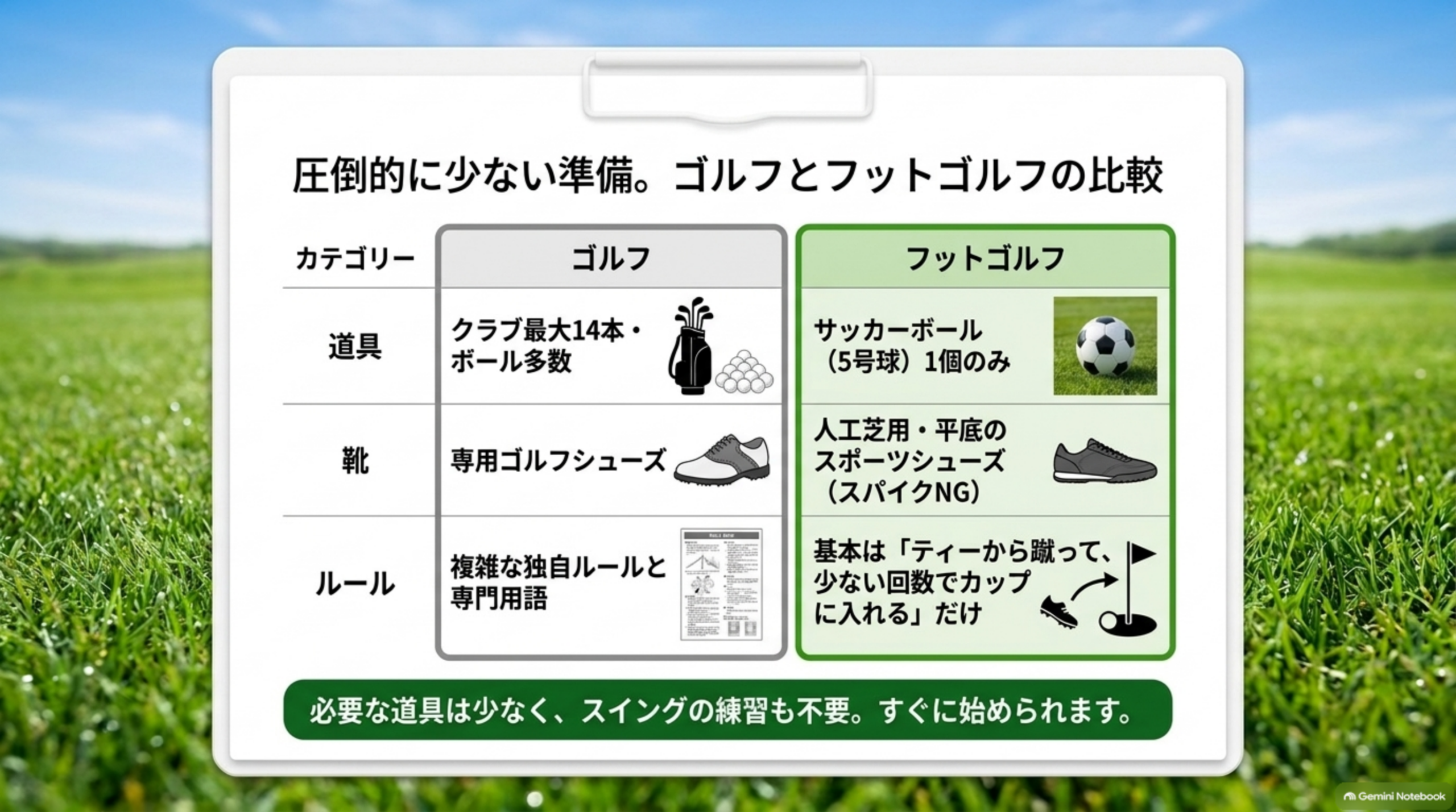 ゴルフとフットゴルフの道具・靴・ルールを比較し、フットゴルフは準備が少ないことを示した表の画像
