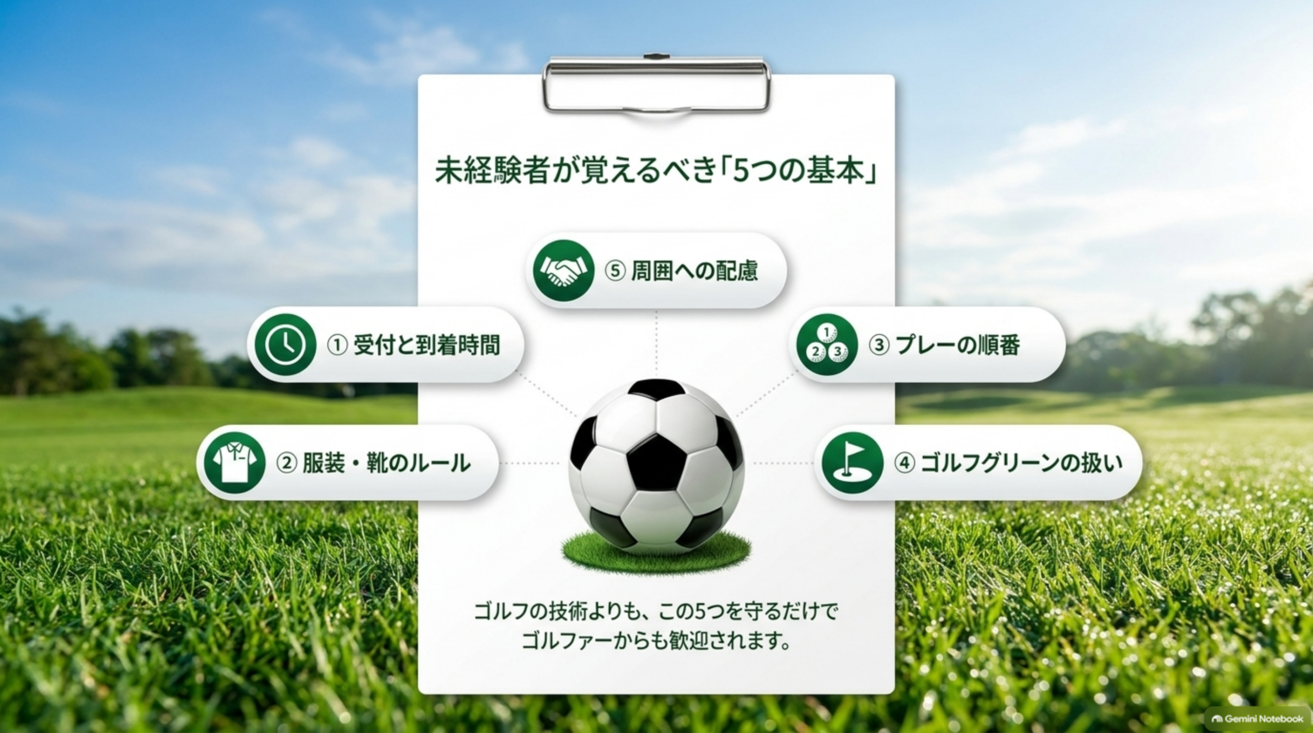受付と到着時間、服装・靴、プレーの順番、ゴルフグリーンの扱い、周囲への配慮という5つの基本を示した図