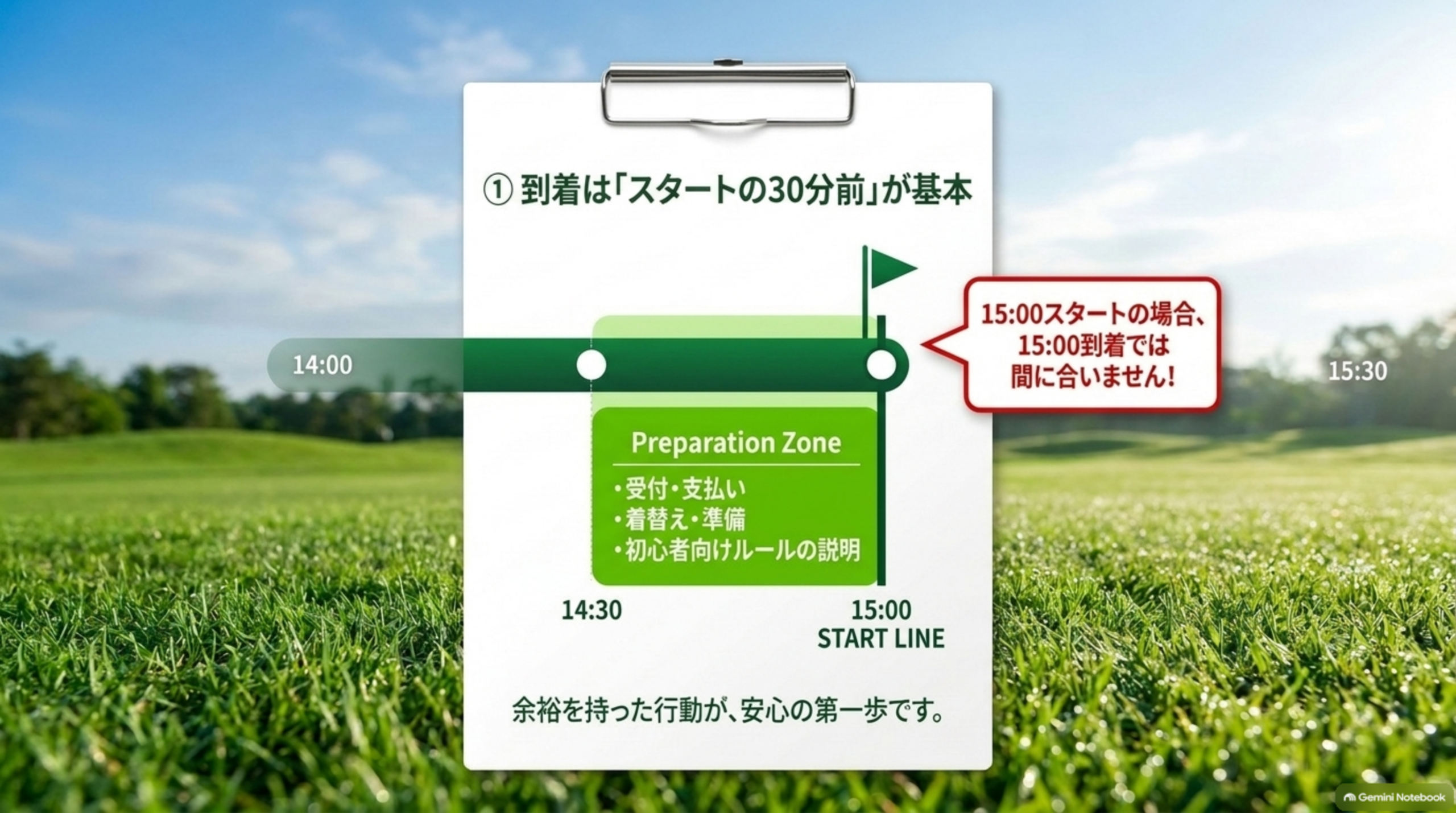 15時スタートなら受付・支払い・着替え・説明のため30分前に到着したいことを示したタイムラインの図
