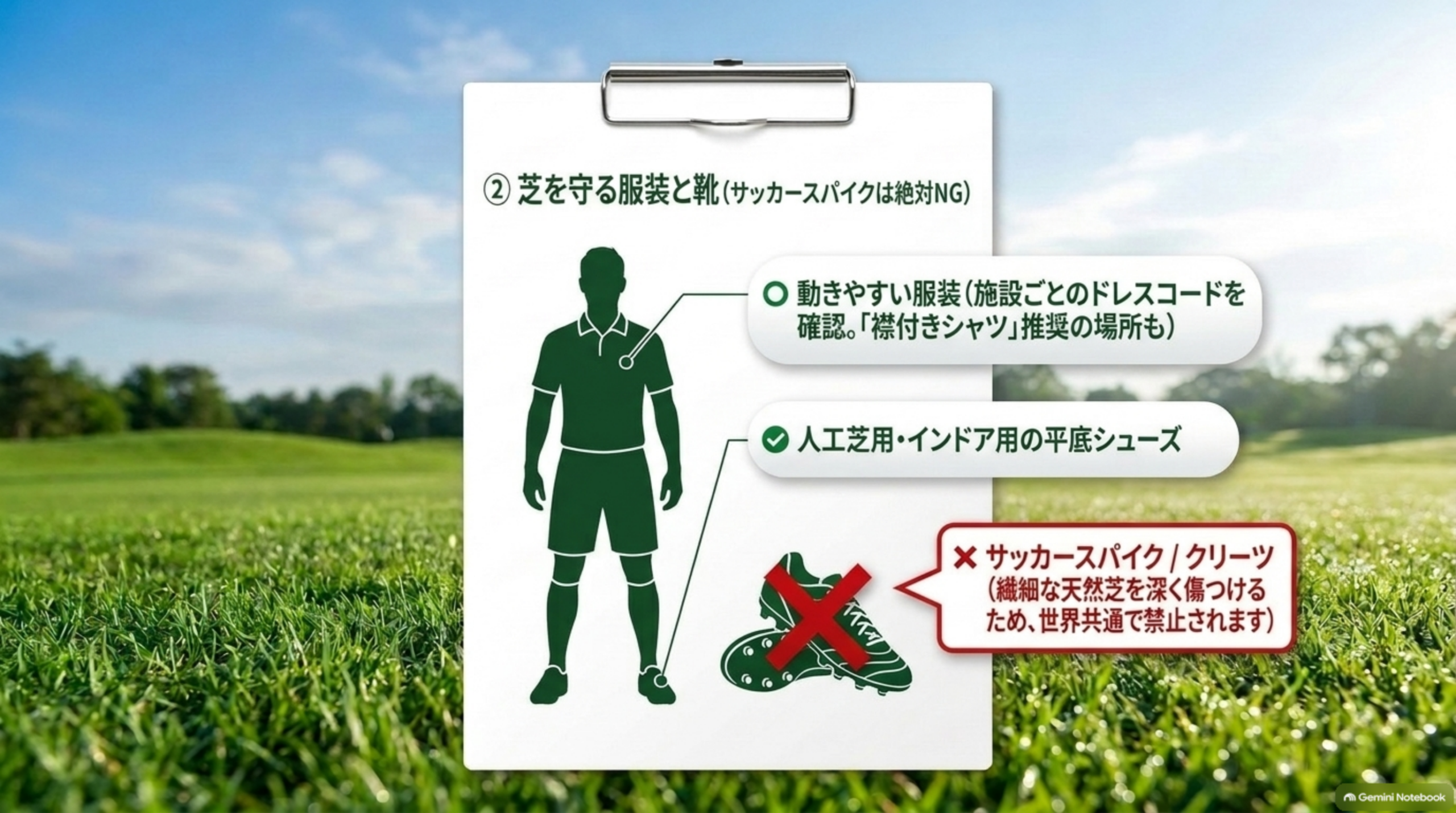 動きやすい服装と人工芝用・インドア用の平底シューズが基本で、サッカースパイクは不可であることを示した図