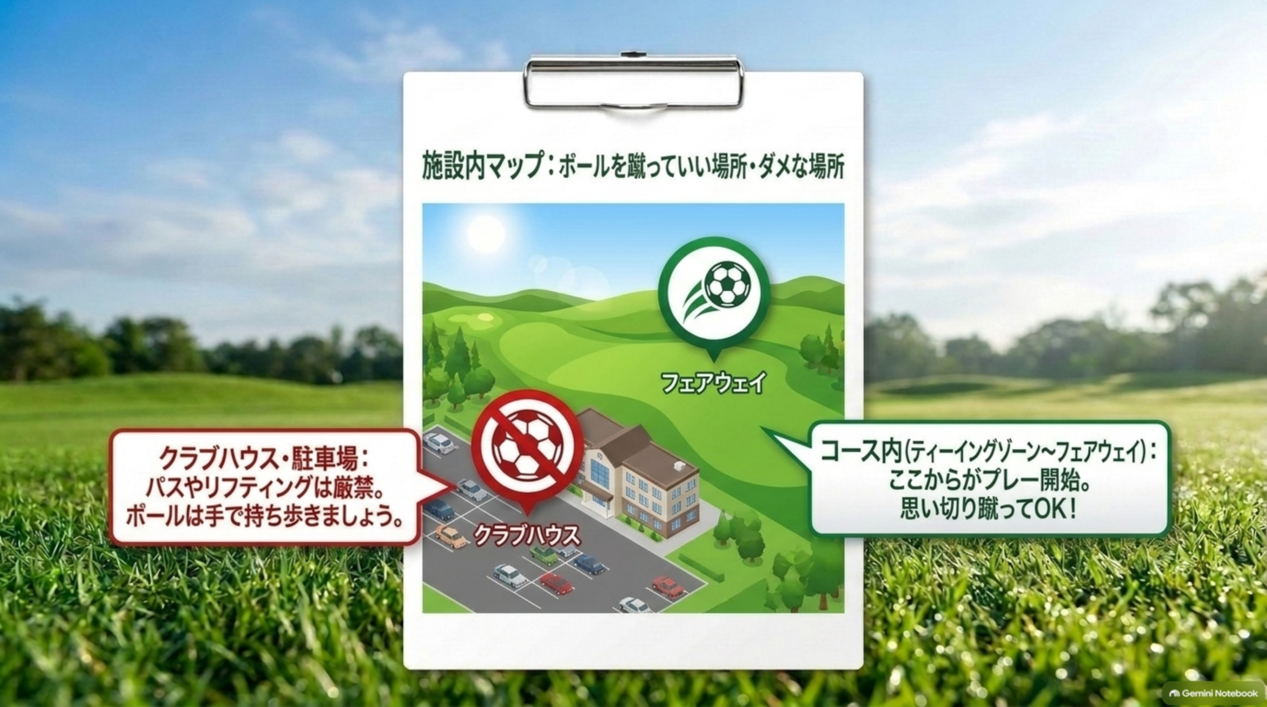 クラブハウスや駐車場ではボールを蹴らず、コース内から蹴ってよいことを示した施設内マップの図