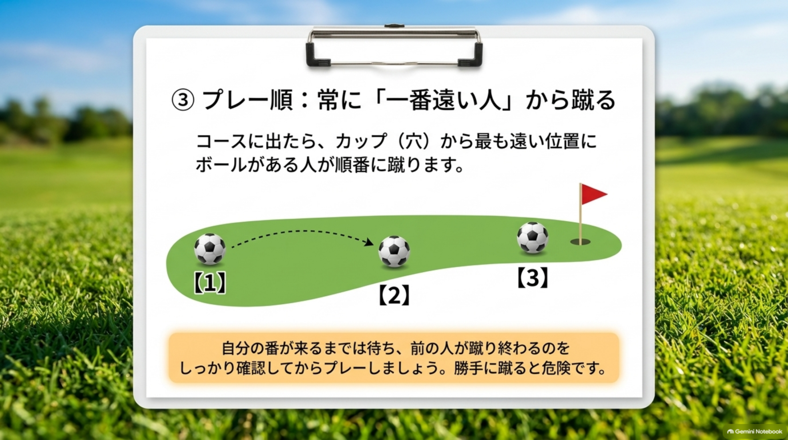カップから最も遠い位置にボールがある人から順番に蹴ることを示した図
