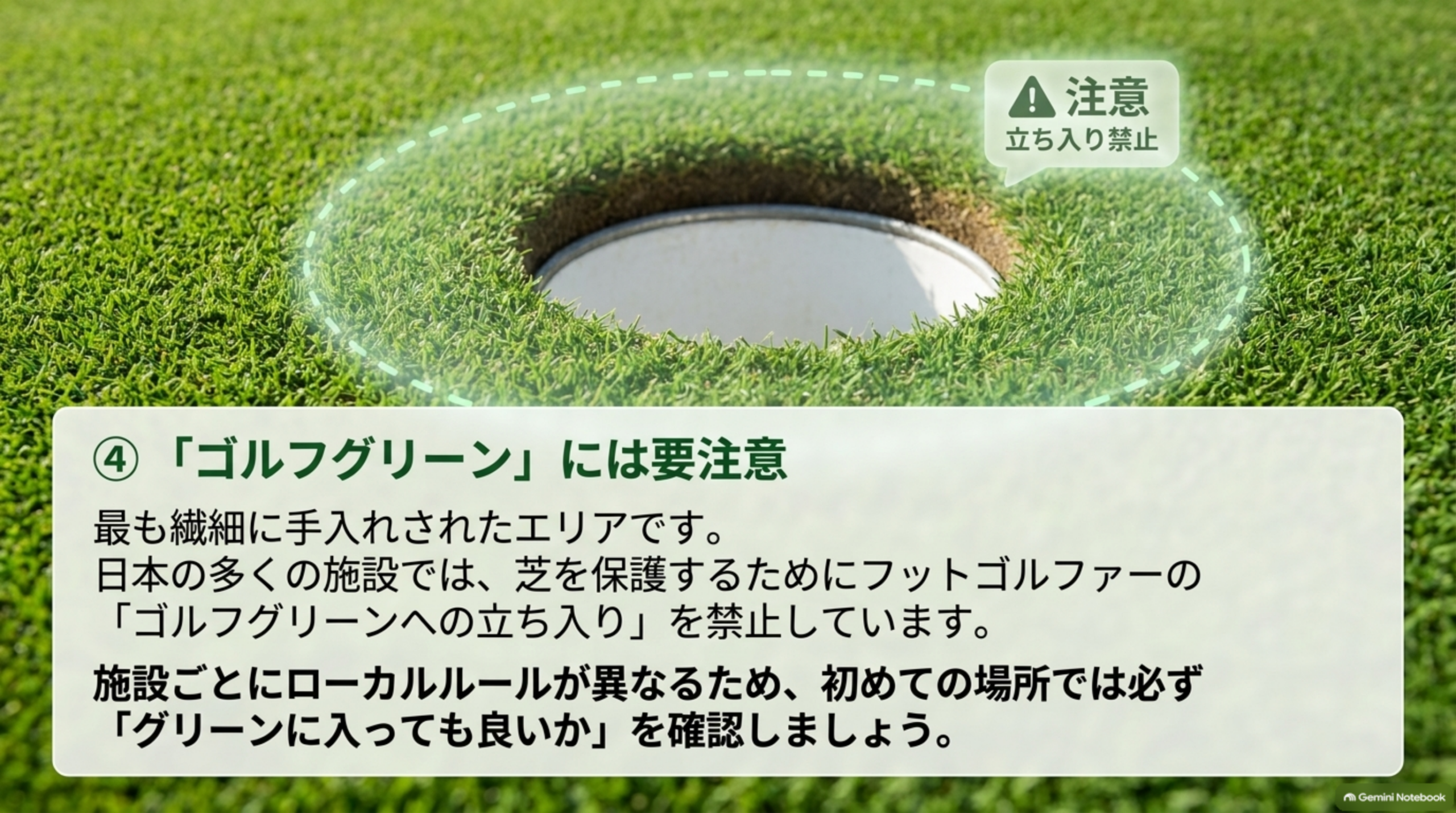 ゴルフのカップ周辺の短く刈られたグリーンは、日本の多くの施設で立ち入りが禁止されていることを示した図