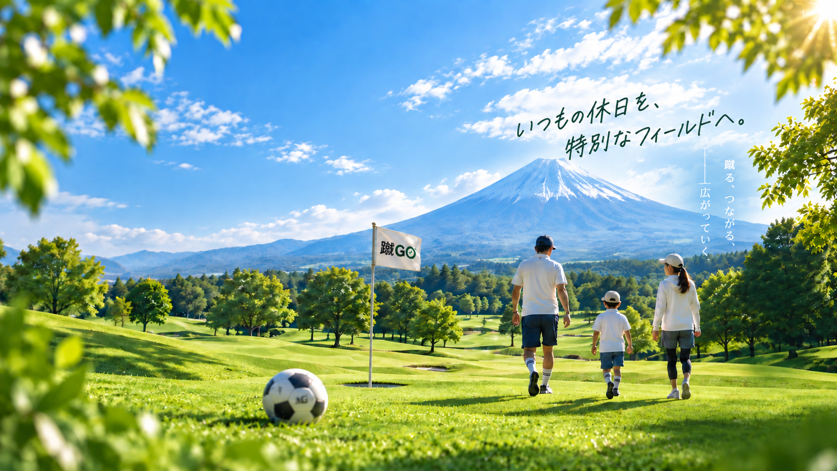富士山を望むフットゴルフコースで、ボールを蹴って楽しむ家族