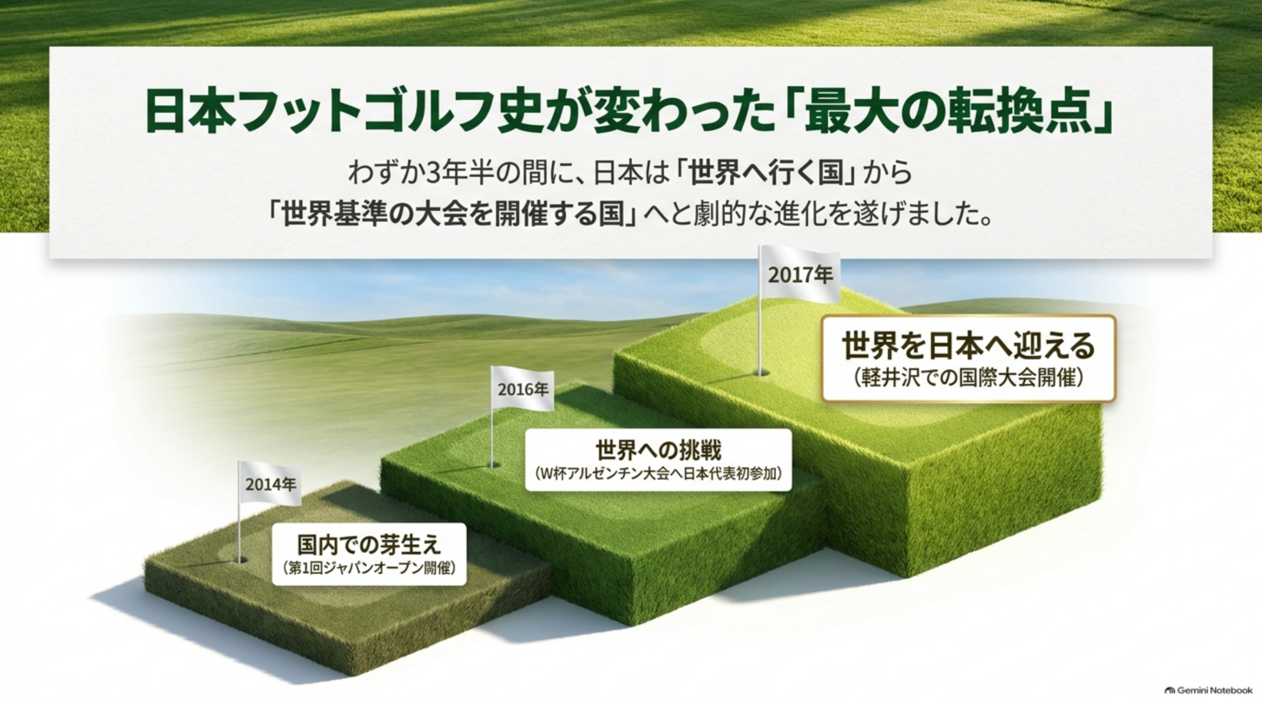 2014年の第1回ジャパンオープン、2016年のWorld Cupアルゼンチン大会への日本代表初参加、2017年の軽井沢での国際大会開催を3段の階段で表した図