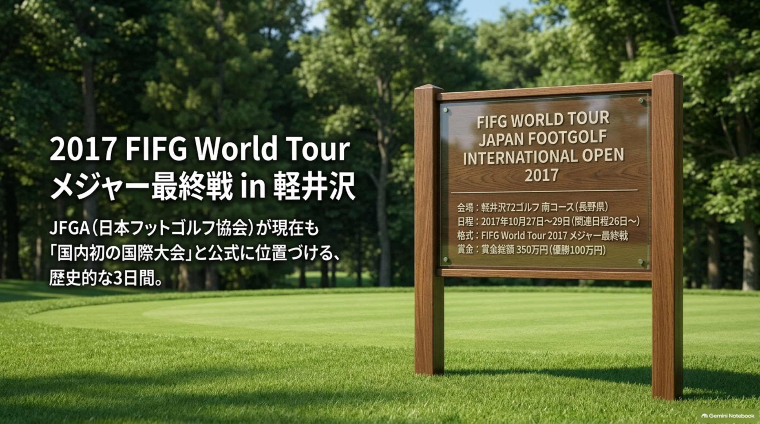 大会概要の看板イメージ。FIFG WORLD TOUR JAPAN FOOTGOLF INTERNATIONAL OPEN 2017。会場は軽井沢72ゴルフ南コース、日程は2017年10月27日〜29日（関連日程26日〜）、FIFG World Tour 2017メジャー最終戦、賞金総額350万円