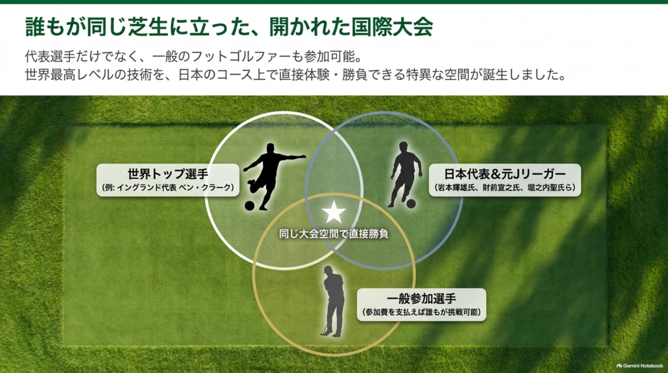 世界トップ選手、日本代表と元Jリーガー、一般参加選手が同じ大会で競ったことを3つの円で表した図