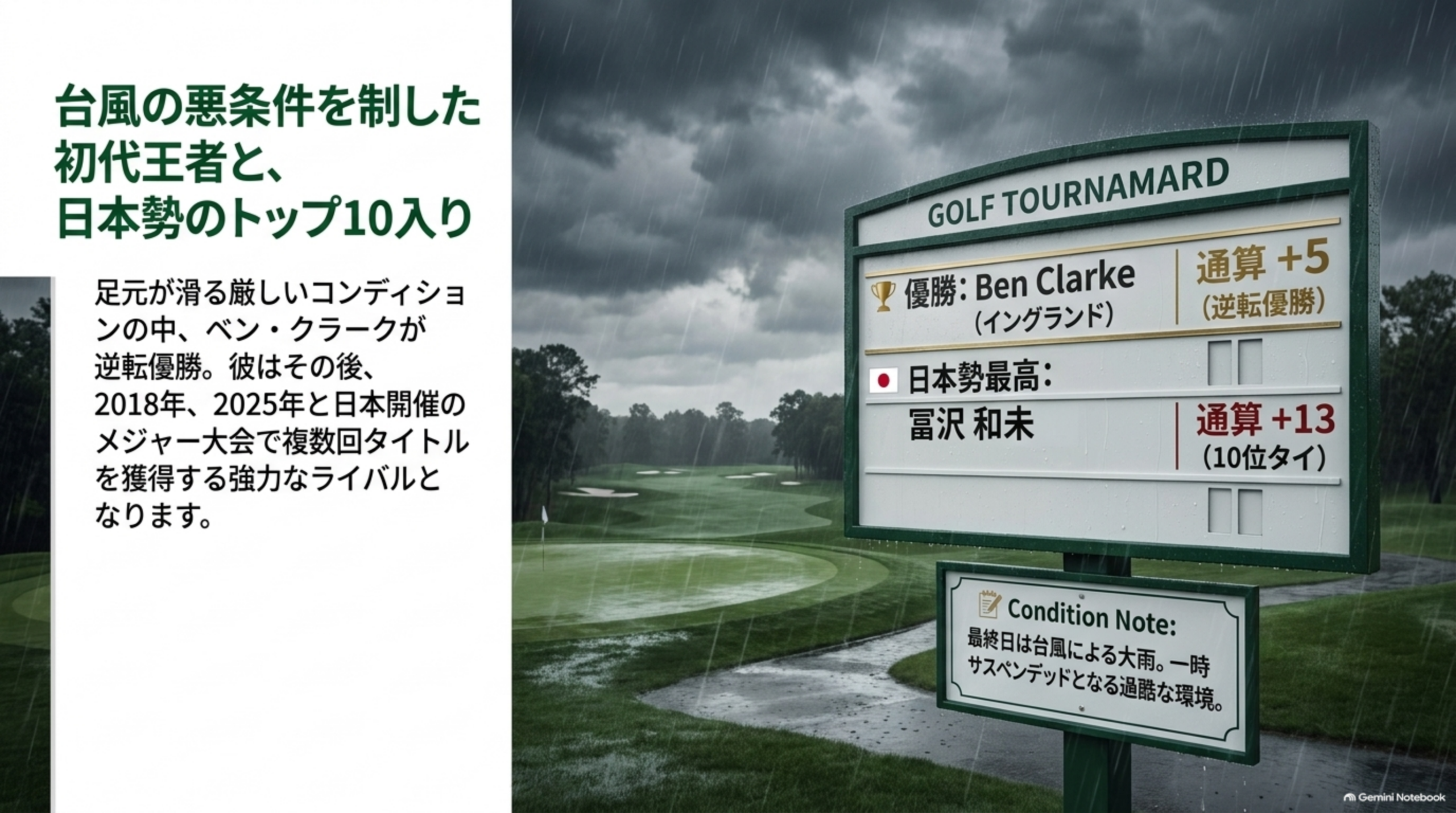 雨の中のスコアボードのイメージ。優勝はベン・クラーク（イングランド）通算5オーバー、日本勢最高は冨沢和未の通算13オーバーで10位タイ