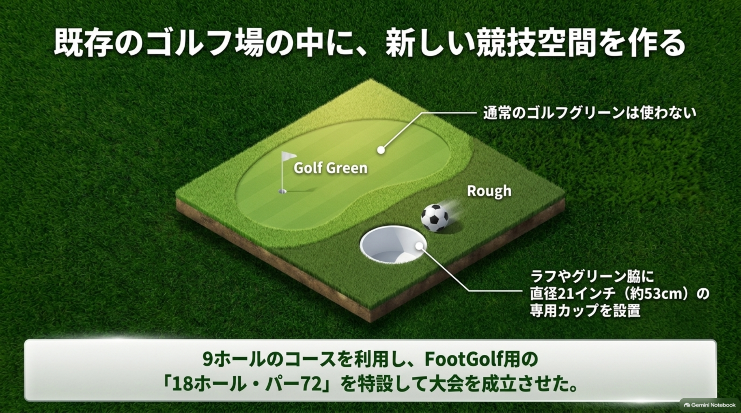既存のゴルフ場の中に競技空間を作る図。通常のゴルフグリーンは使わず、ラフやグリーン脇に直径21インチ（約53cm）のカップを設置。9ホールのコースを利用し、FootGolf用の18ホール・パー72を作った