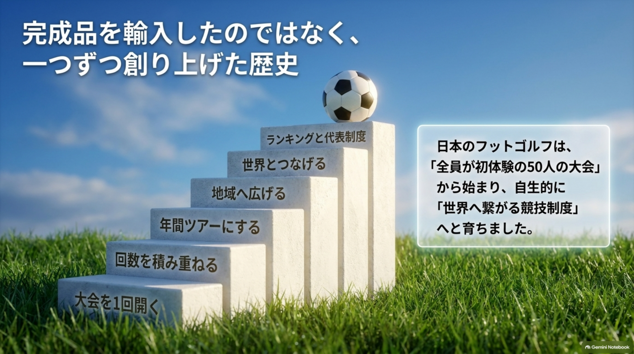 一つずつ作り上げた歴史。大会を1回開く、回数を積み重ねる、年間ツアーにする、地域へ広げる、世界とつなげる、ランキングと代表制度、の6段の階段